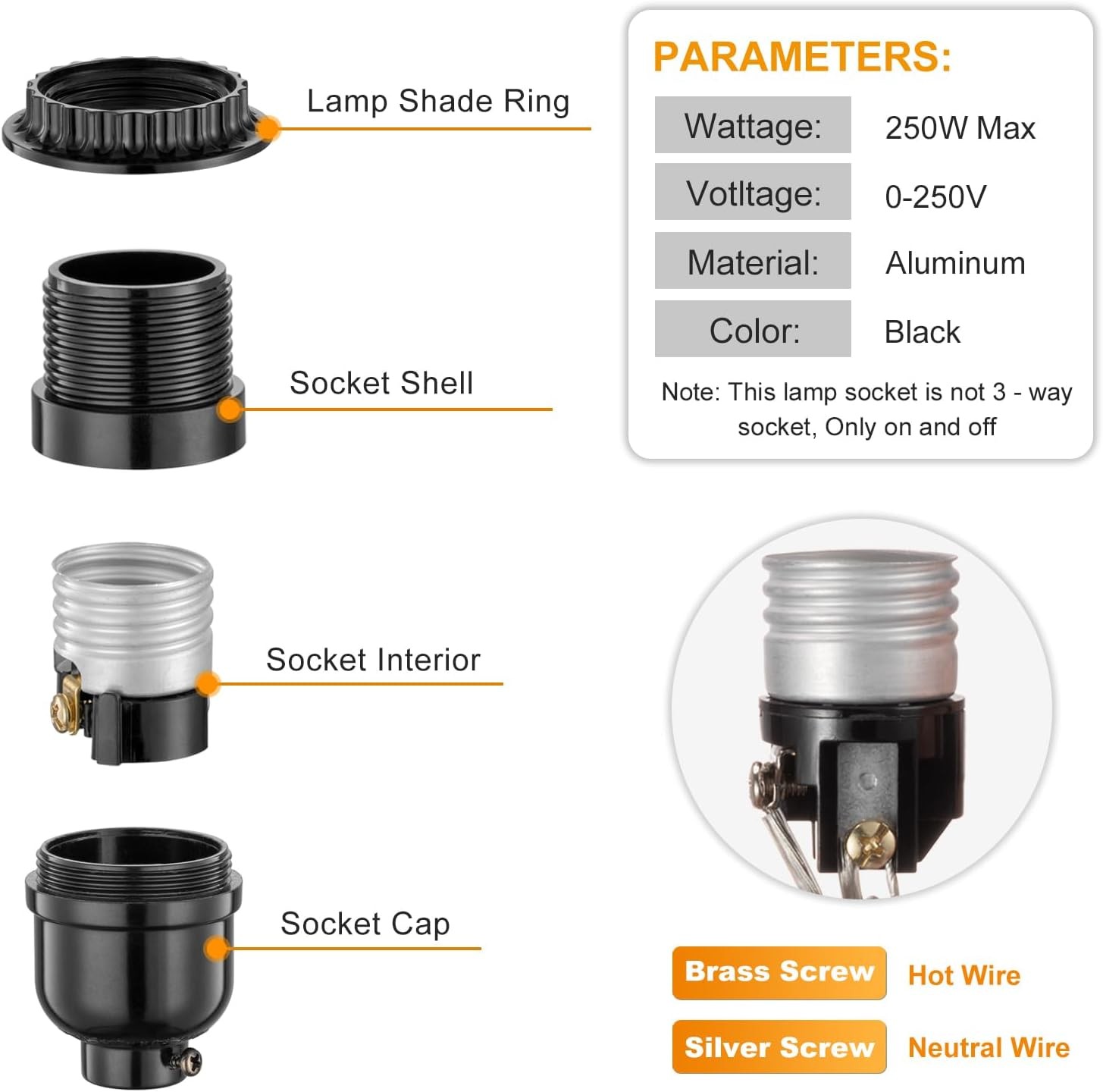 Keyless Socket Replacement with Shade Ring, E26 Pendant Light Socket, Medium ...