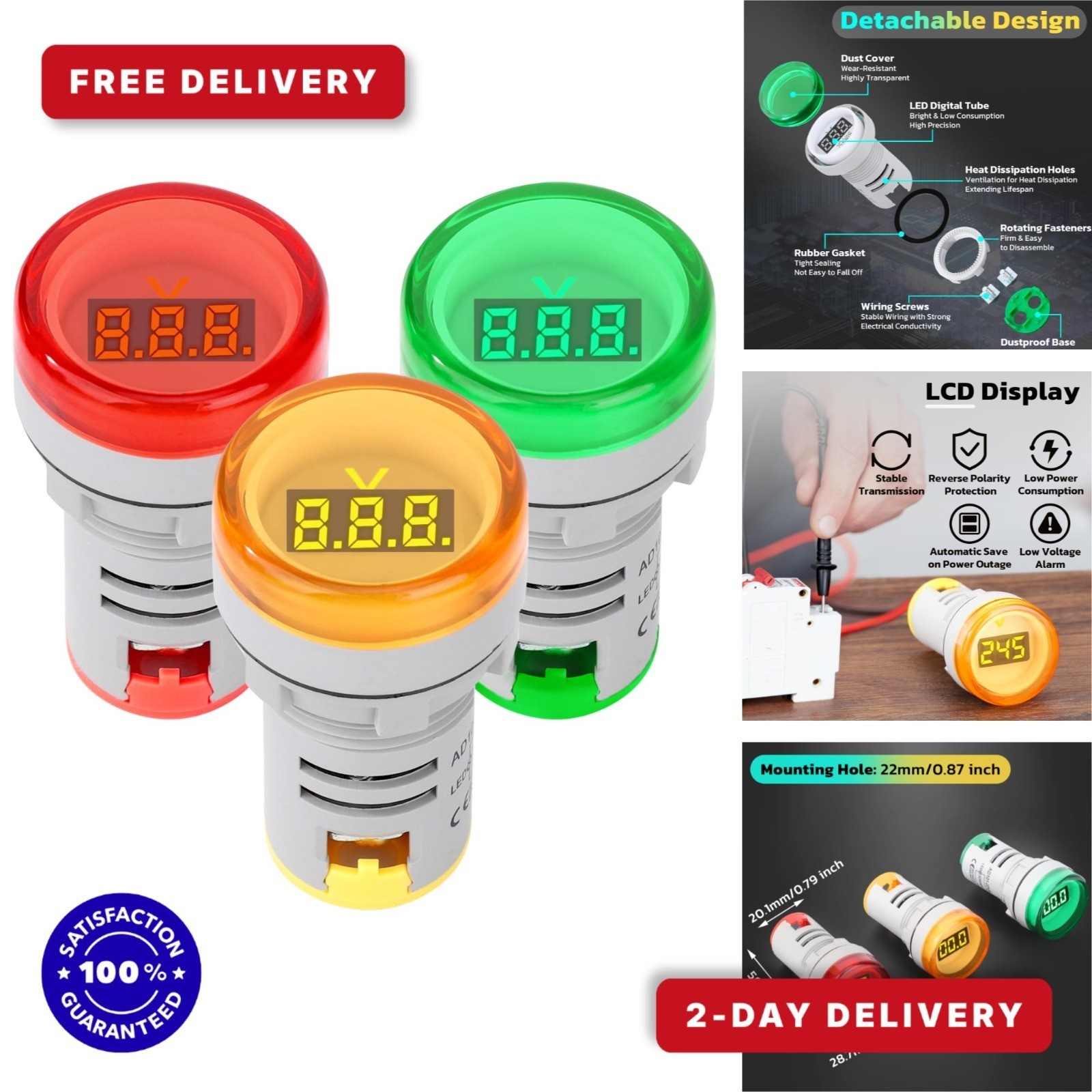 DROK Digital LED Voltmeter AC 60-500V 3pcs Voltage Meter Monitor