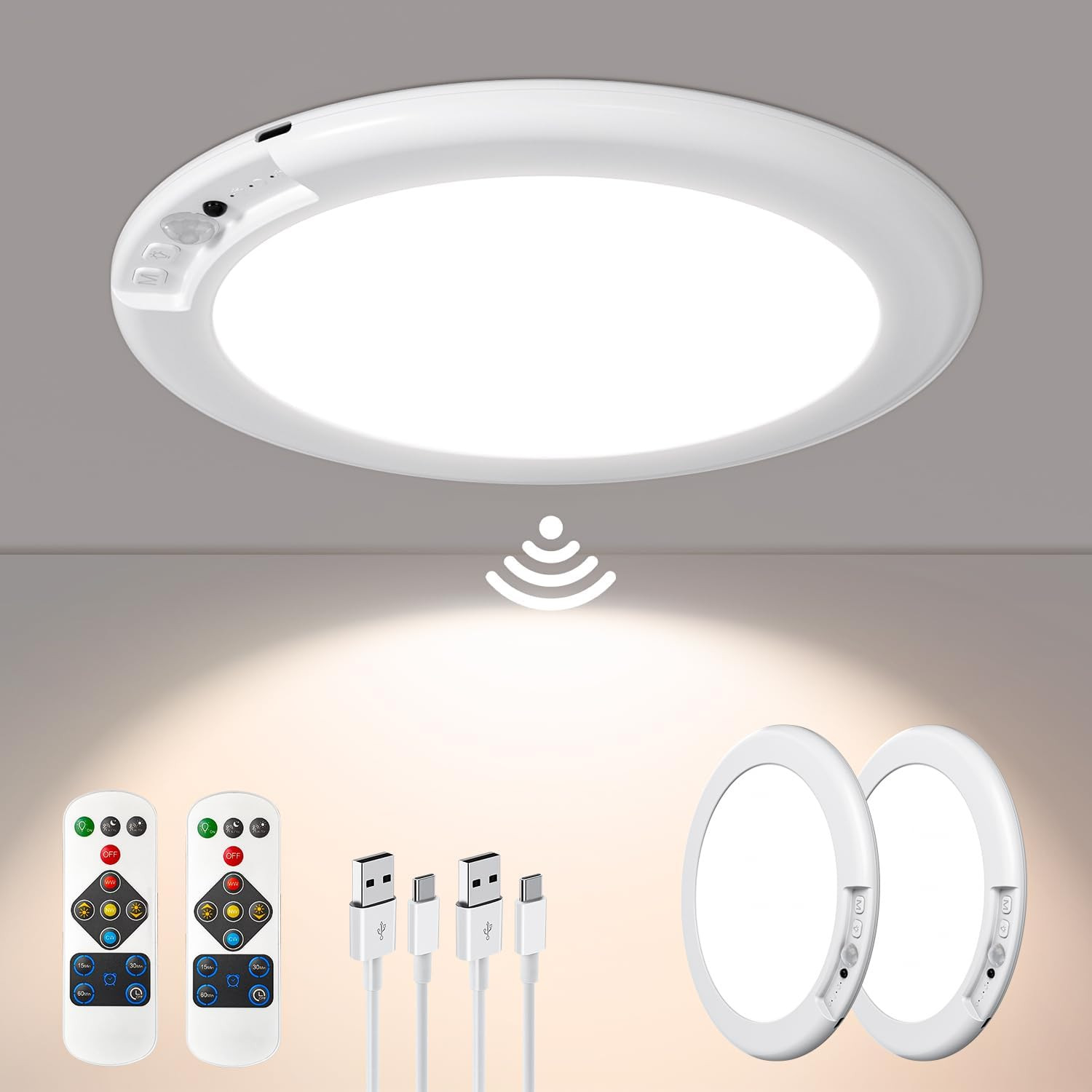 2 Pack Rechargeable Motion Sensor Closet Light, Wireless Ceiling Light Battery O