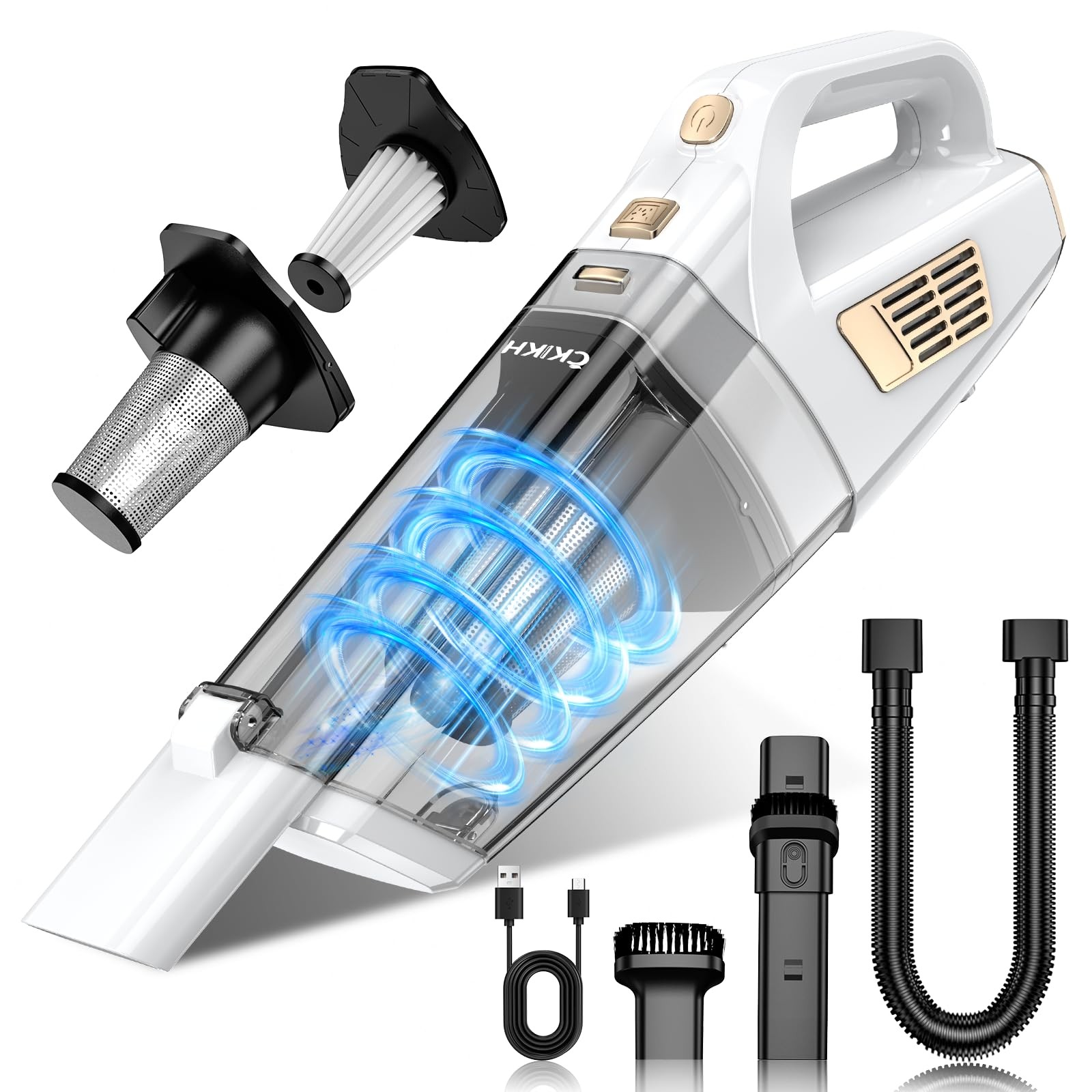 CKIKH Handheld Vacuum Cordless, 15000PA Strong Suction Hand Held White & Gold