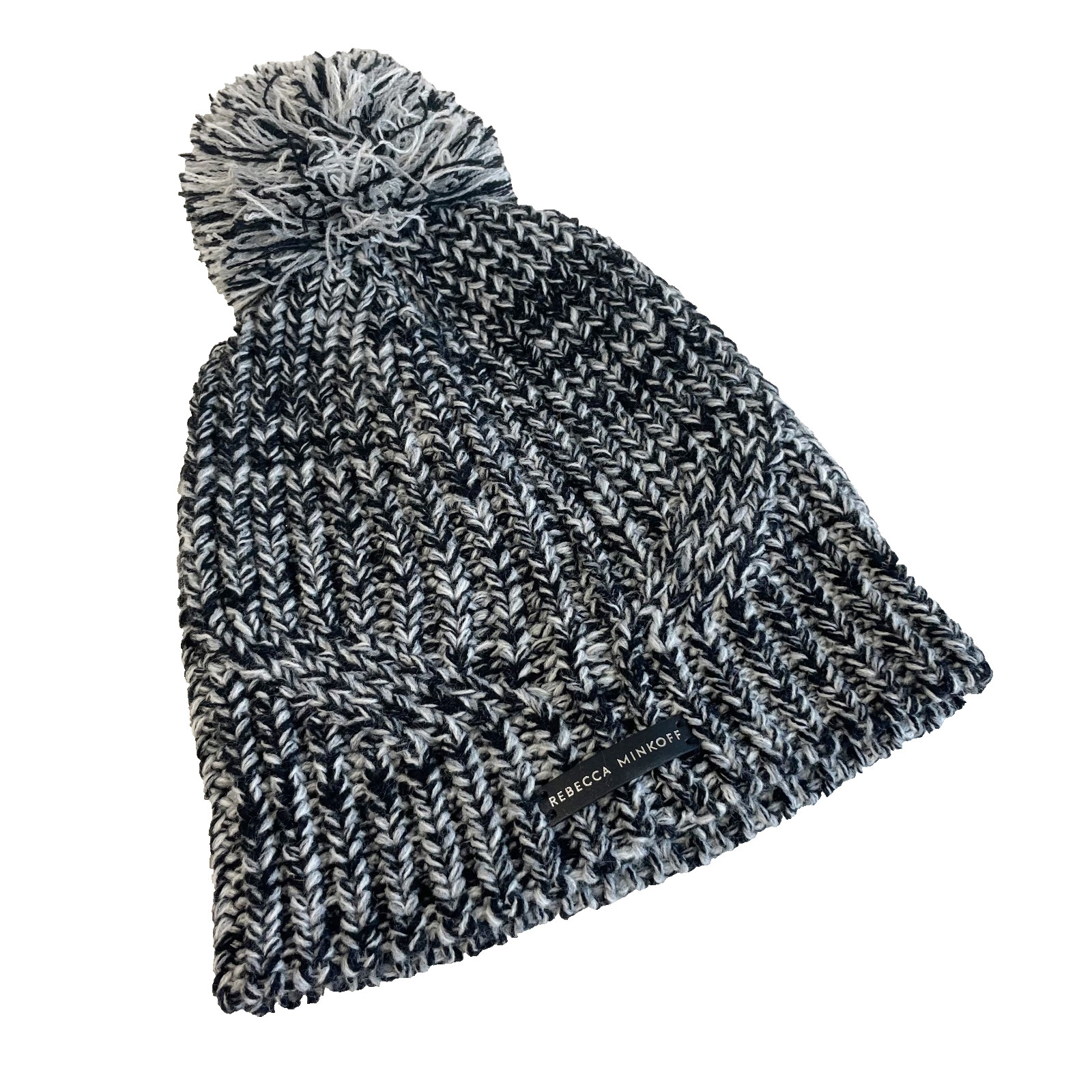 Rebecca Minkoff Chunky Knit Pom Pom Beanie Hat Black Marled One Size Womens Warm