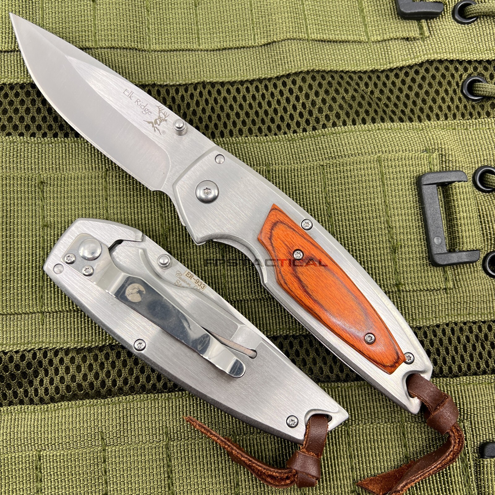 Elk Ridge Brushed Silver Manual Folding Pocket Knife w Redwood Overlay 3.5"