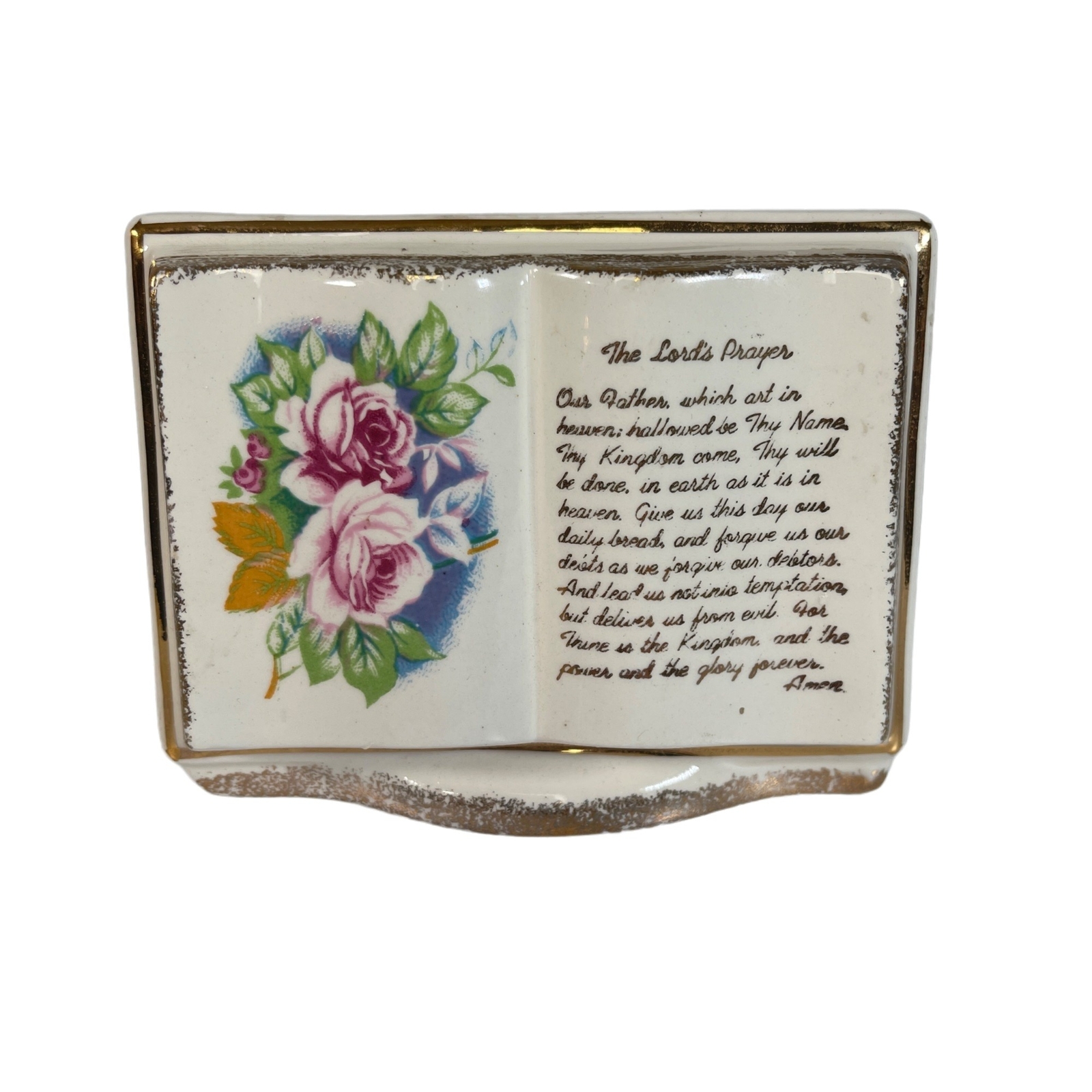 Vintage Reubens The Lords Prayer Book Shaped Planter Vase Roses Gold Trimmed
