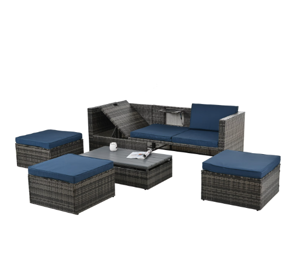 Sofa Set With Chaise Longue. Patio Furniture, Outdoor Wicker Furniture with Coff