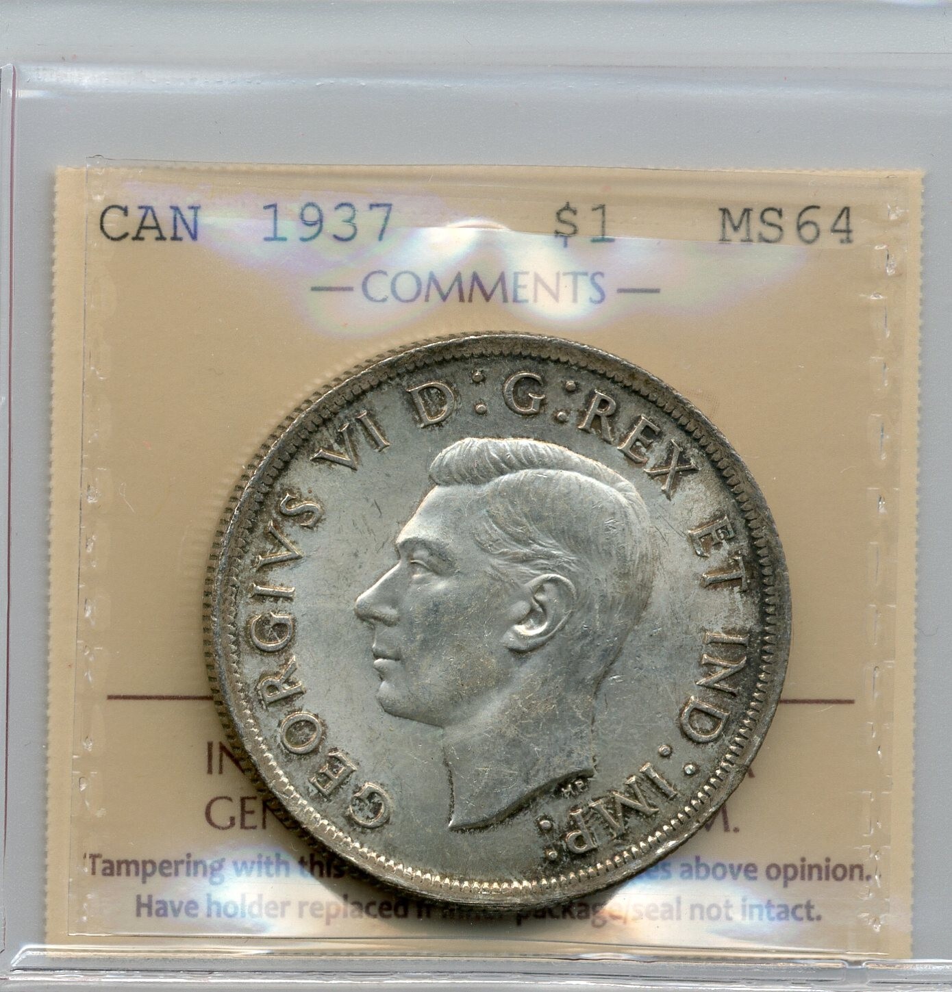 1937 Canada Silver Dollar - Choice Uncirculated, ICCS MS 64