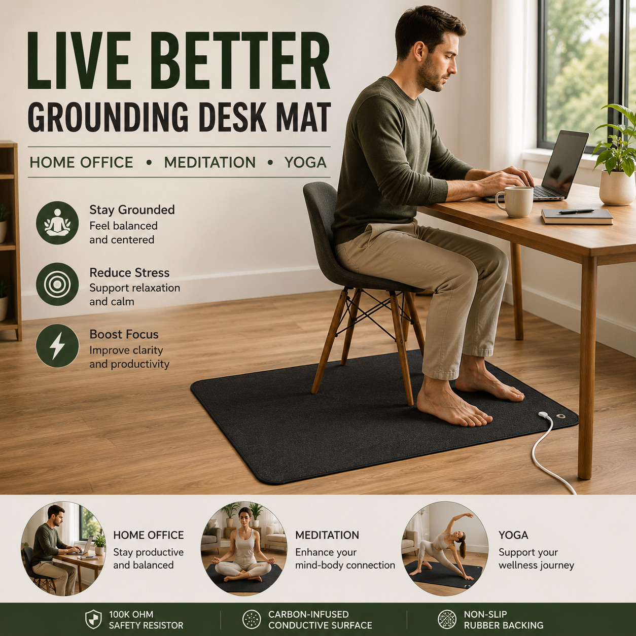 Grounding Desk Mat Foot Pad Home Office Meditation Yoga Earthing Mat