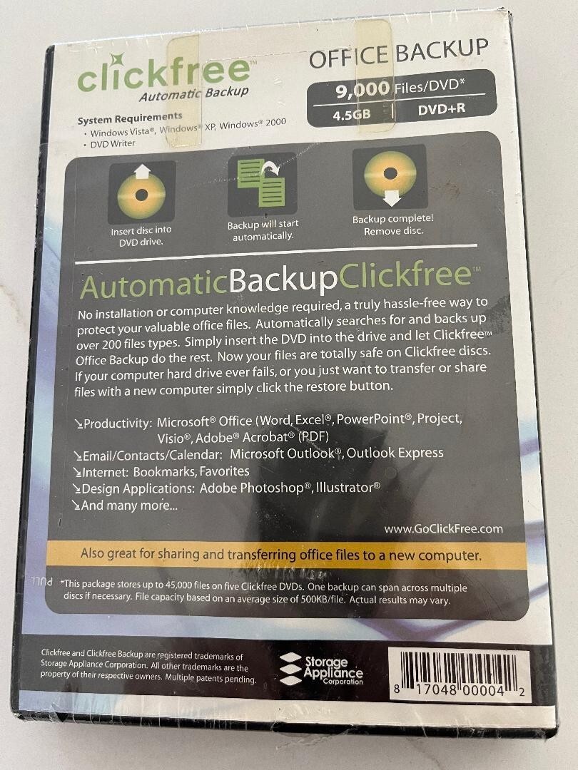 Clickfree Automatic Office File Backup DVDs - Documents - No Installation SEALED