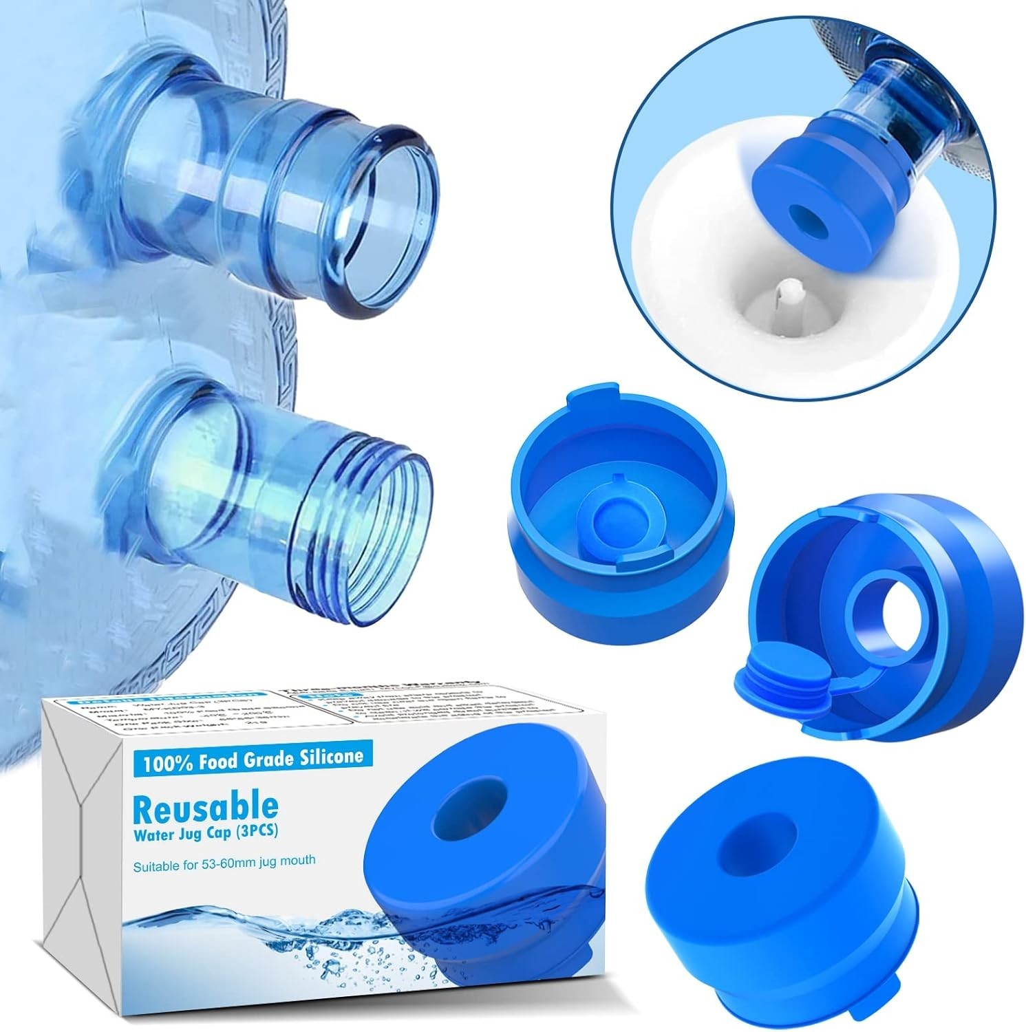 MYLOLF 3 & 5 Gallon Water Jug Cap, 3 Pack Reusable Food Grade Silicone Blue
