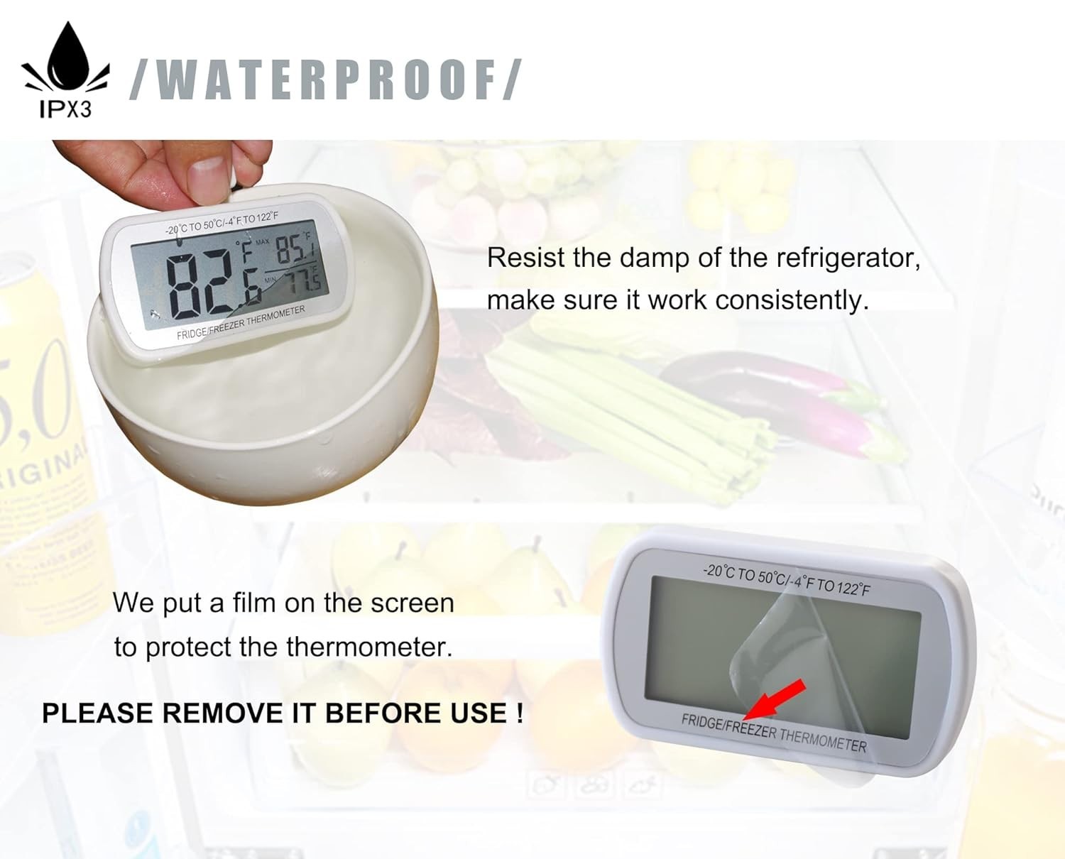2 Pack Waterproof Digital Refrigerator Thermometer Large LCD, Freezer Room Th...