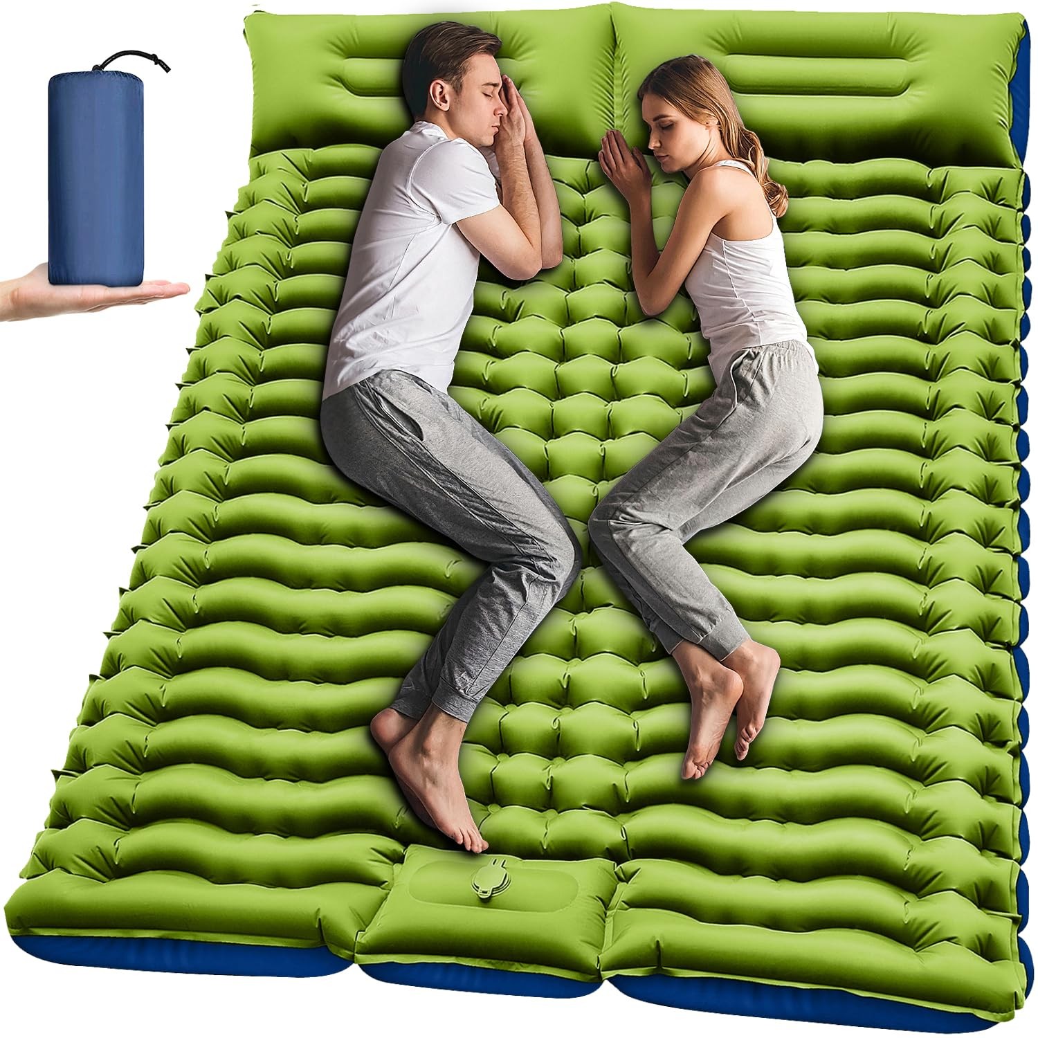 Double Sleeping Pad - Self Inflating 4" Extra-Thick for 2 Person with Pillow ...