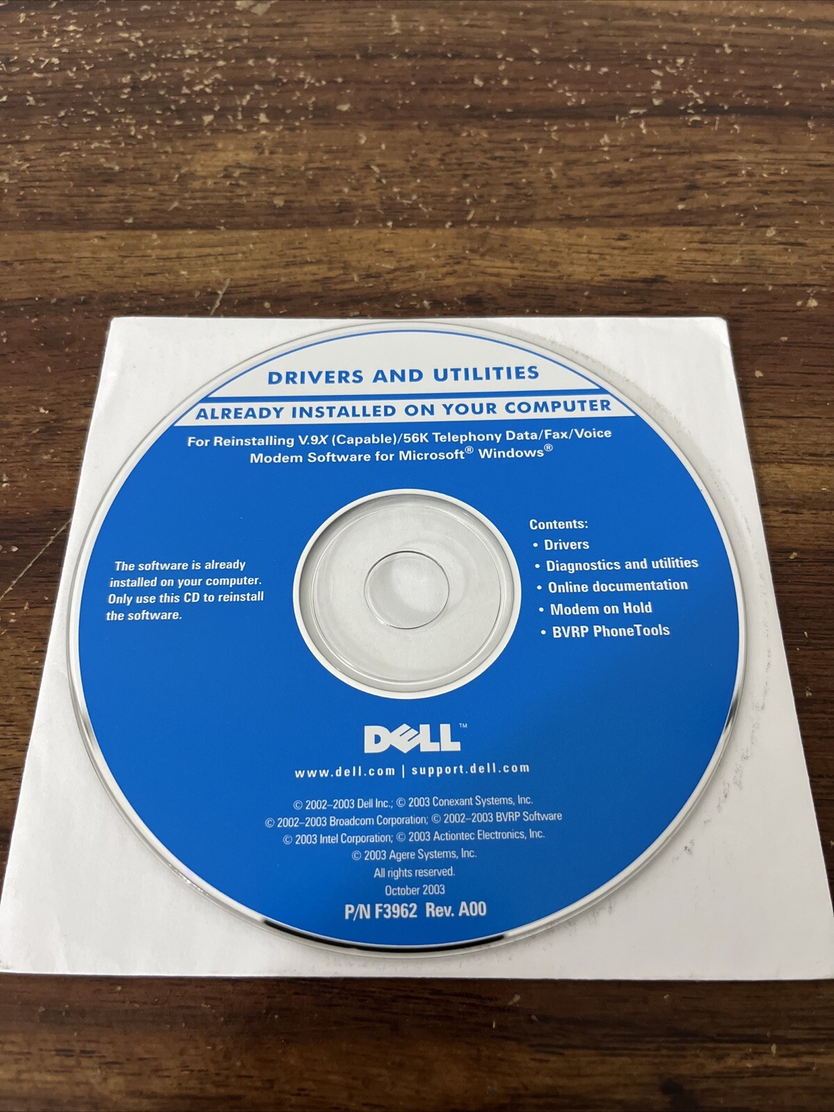 Dell Drivers Utilities V.9X Data/Fax/Modem Software Reinstallation Disk 2003