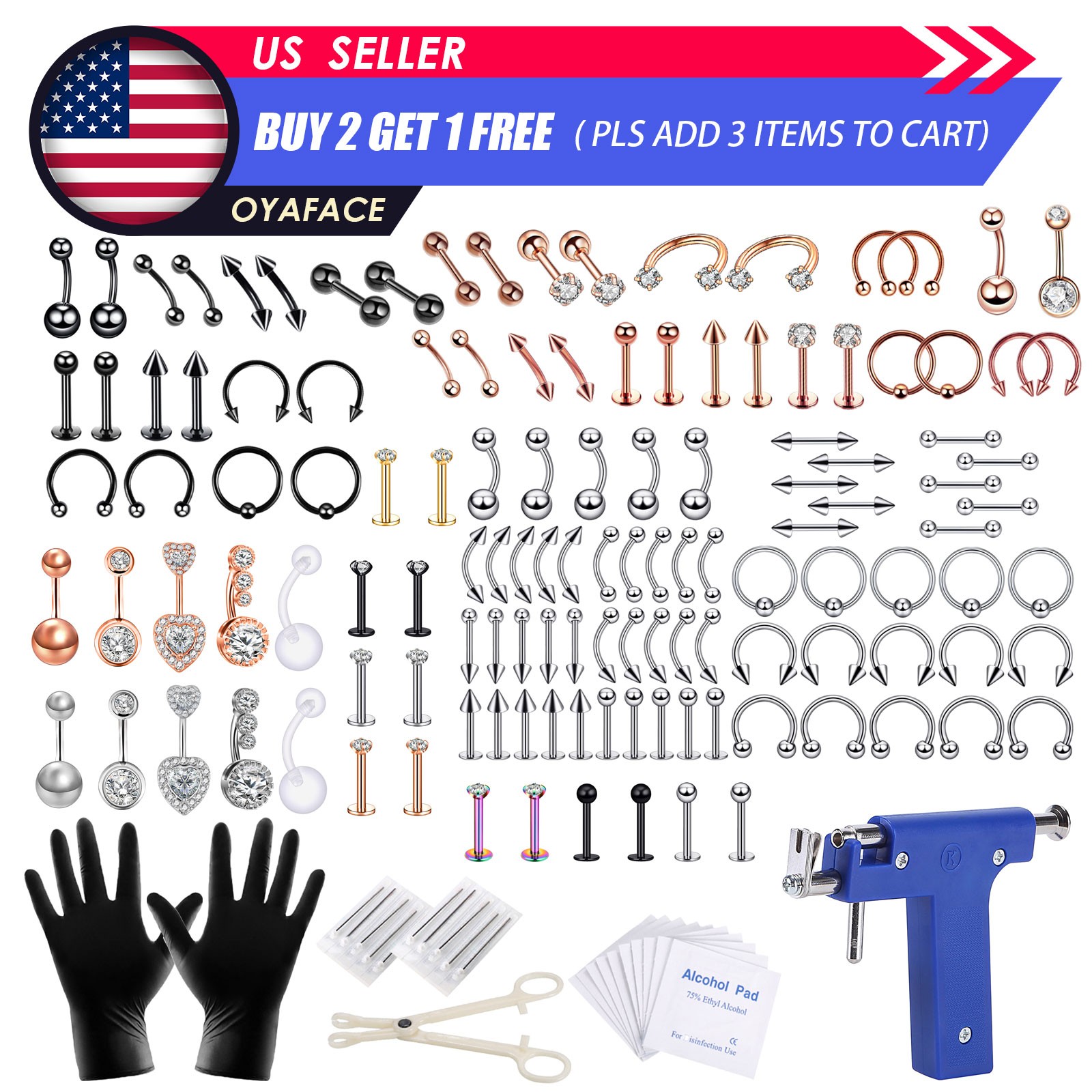 Surgical Steel Body Piercing Set Nose Eyebrow Lip Ear Stud Rings 17-101PCS