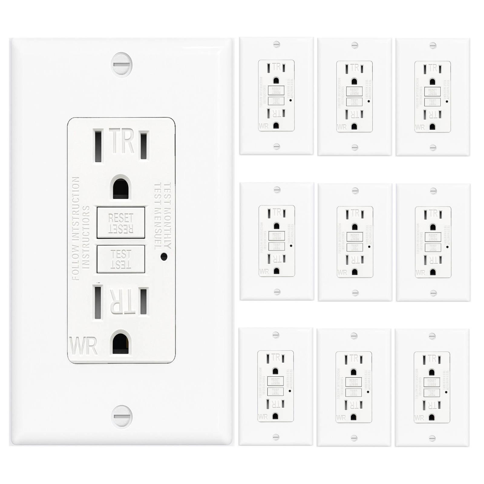 10PK GFCI 15AMPGFI Safety Outlet Receptacle w/ Wall Plate LED Indicator TR WR