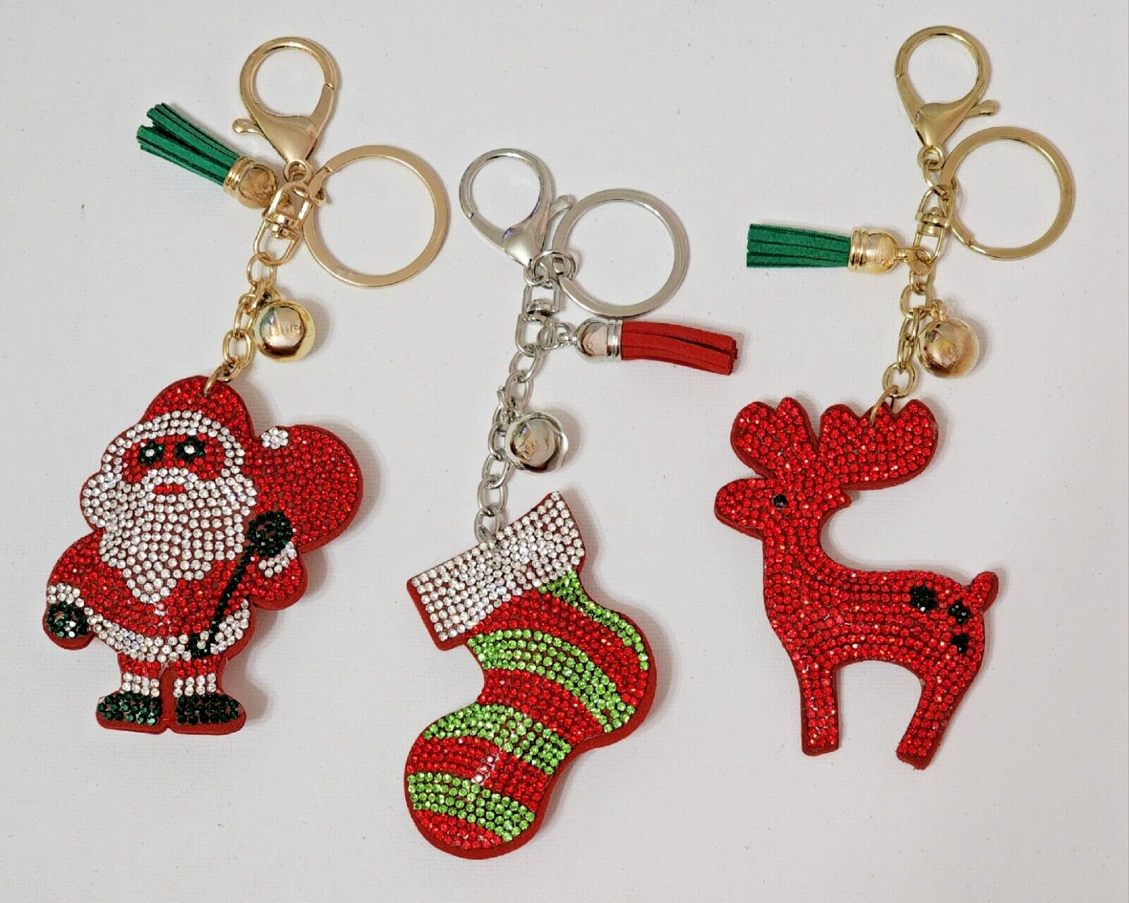 * WOW! SET OF 3 CHRISTMAS BLING BACKPACK BAG PUFF CRYSTAL CHARMS OR KEYCHAINS *