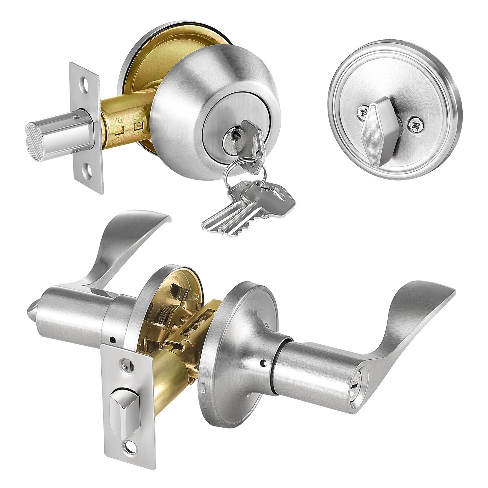 Uimoso Entry Door Locksets with Deadbolt 5 Pack Keyed Alike Satin Nickel Lever