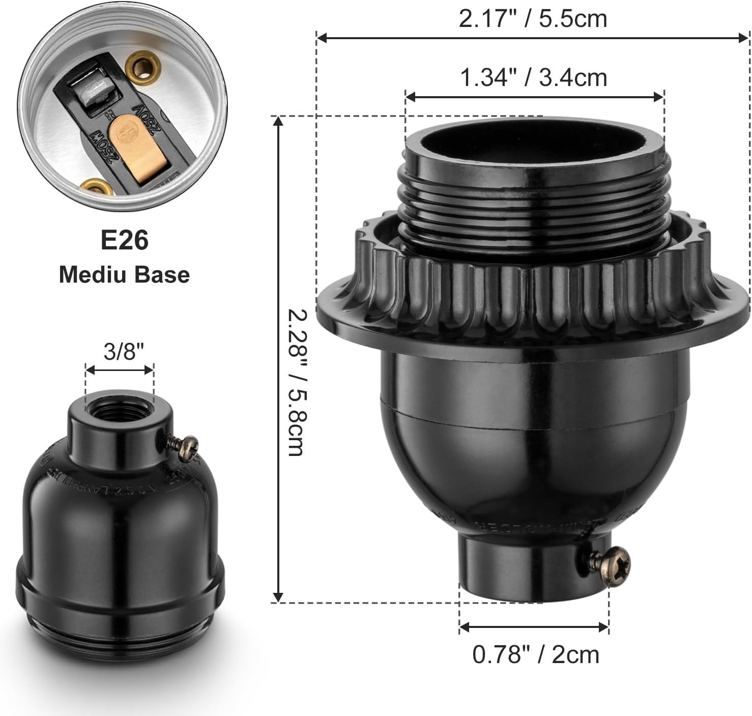Keyless Socket Replacement with Shade Ring, E26 Pendant Light Socket, Medium ...