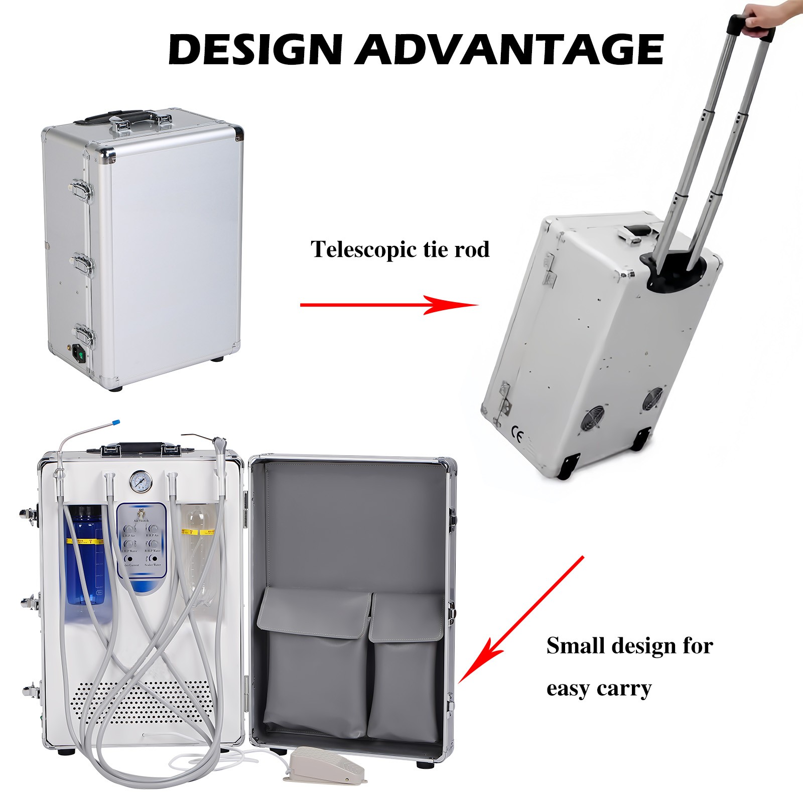 Portable Dental Delivery Unit Rolling Case Air Compressor Syringe Suction 4Hole