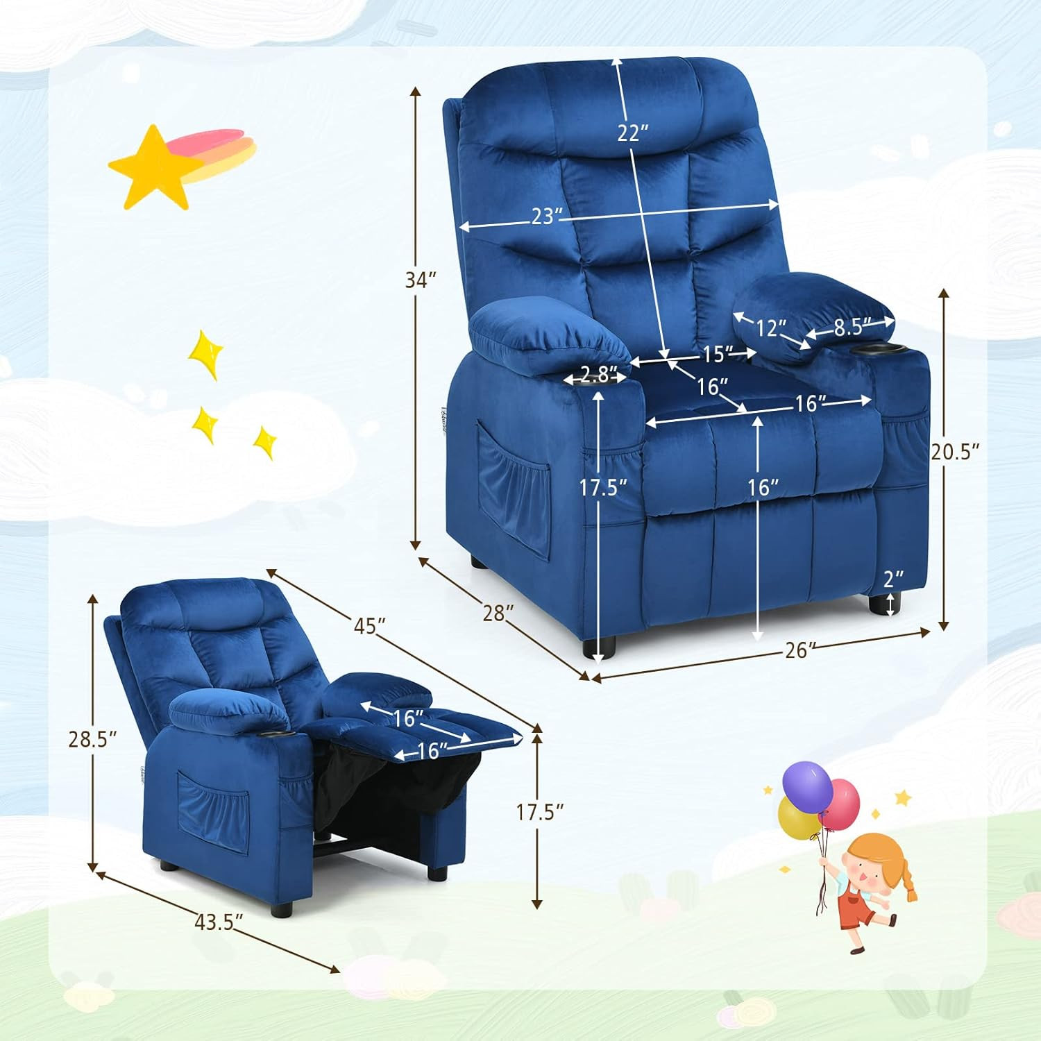 Larger Kids Recliner Chair, Adjustable Lounge Recliner W/ 2 Cup Holders, 1 Side