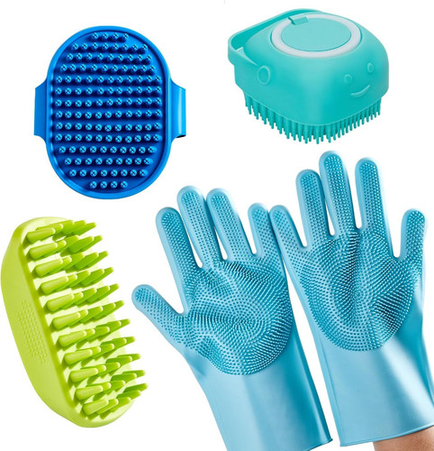 4-Piece Rubber Pet Grooming Kit for Dogs and Cats - Gentle 3 * 3 * Blue+Green