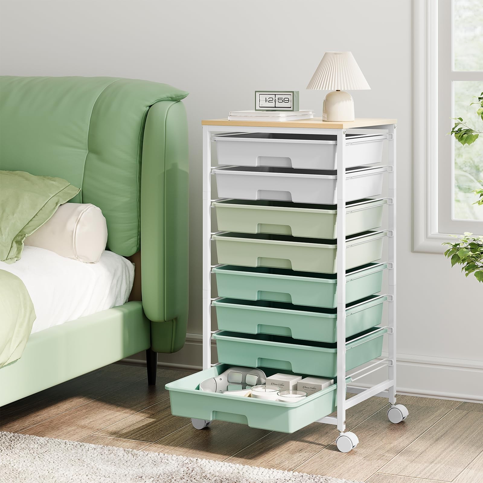 Storage Cart with 8 Drawers, Utility Cart with White Drawers and Wooden Table...