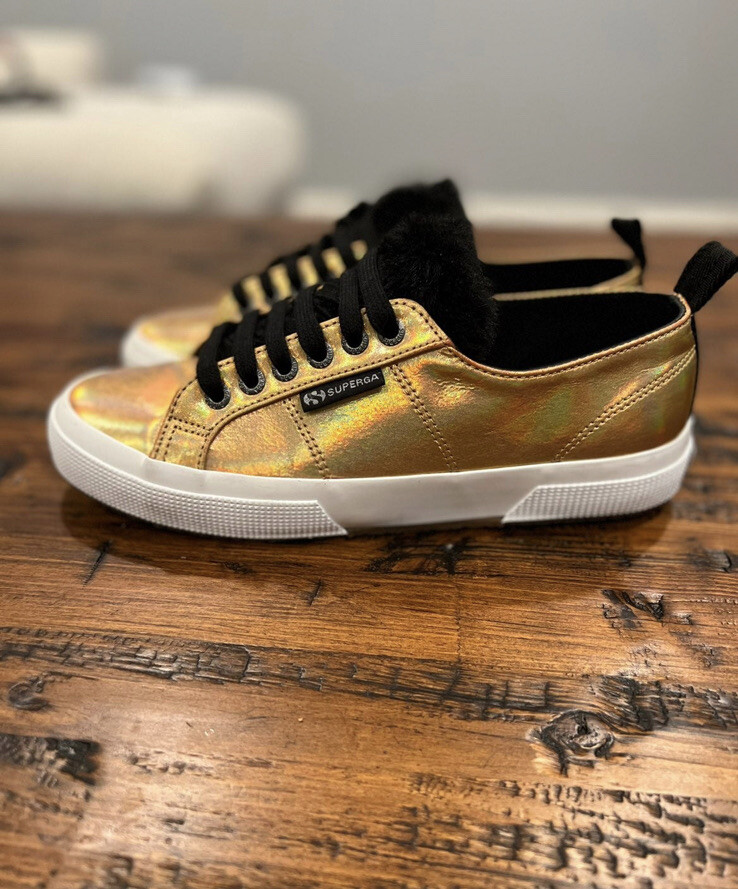 Superga x Jocelyn Gold with Black Faux Fur Trim Women Sneaker Size 8.5 W
