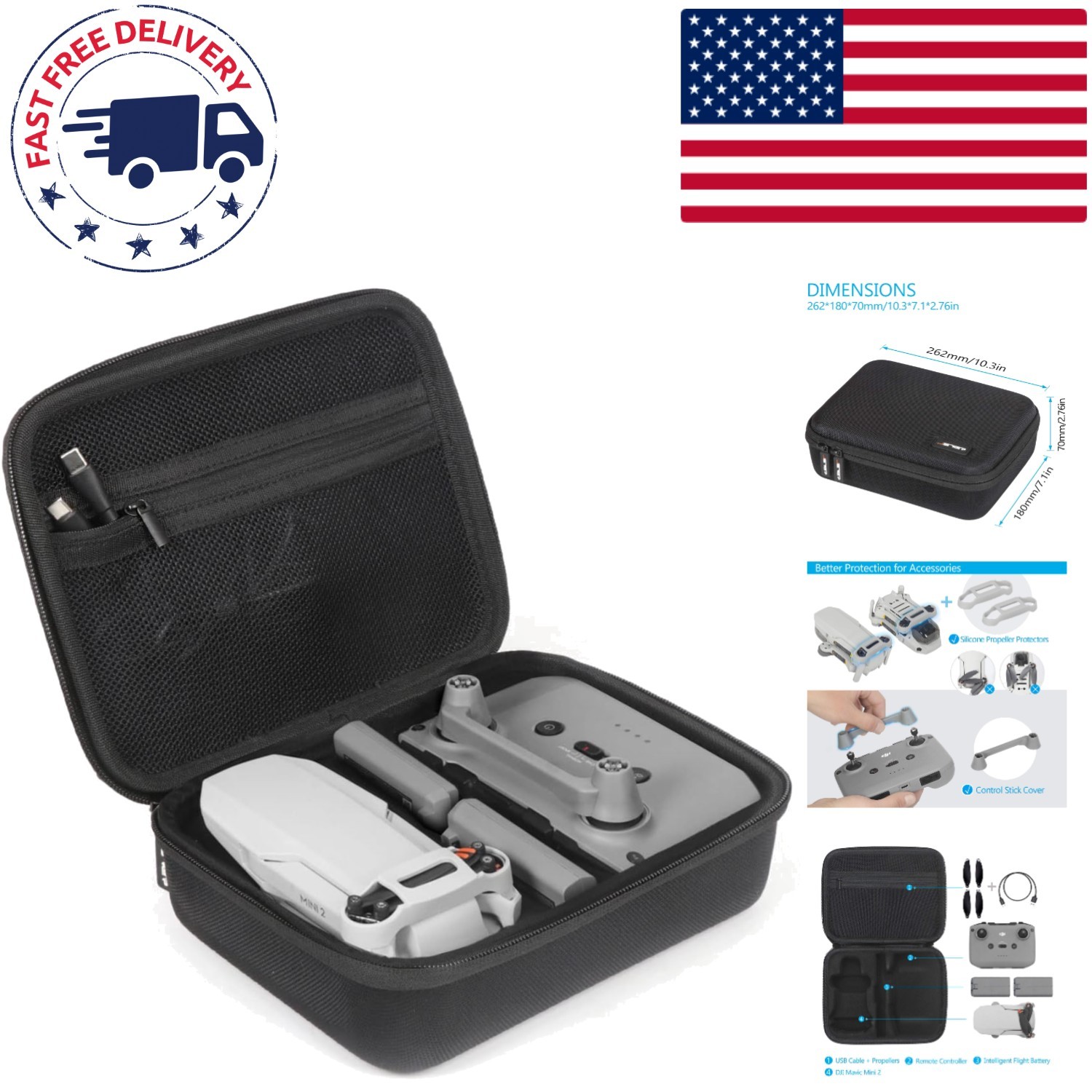 Durable Hard Shell Case for DJI Mavic Mini 2/SE with Carrying Strap & Organizers