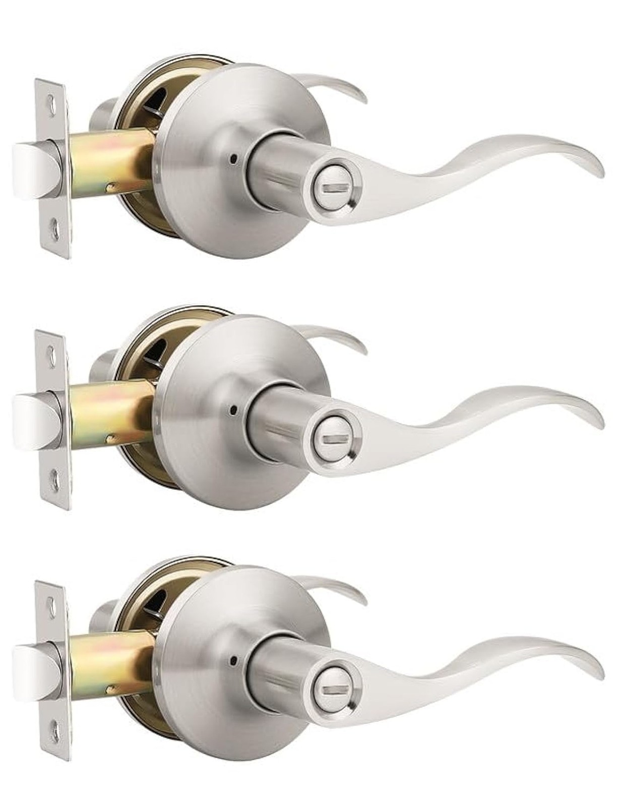 Mengico 3 Pack Satin Nickel Privacy Door Lever, Modern Interior Door Knobs Lo...