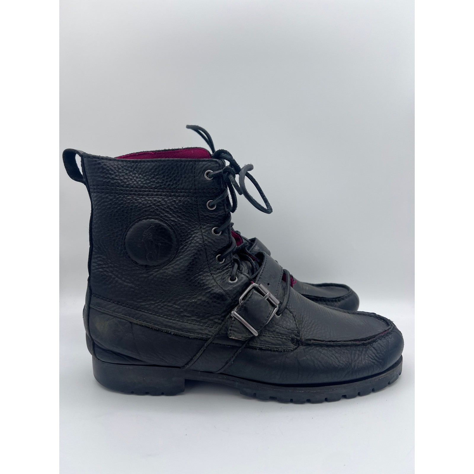 Polo Ralph Lauren Ranger Black Pebbled Leather Moc Toe Buckle Boots Mens 11 D