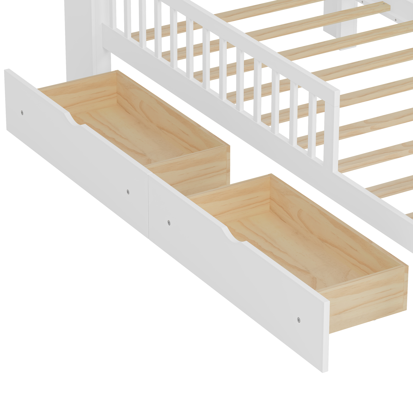 Woos Twin Size Bed with Storage Headboard Two Under-Bed Drawers Guardrails White