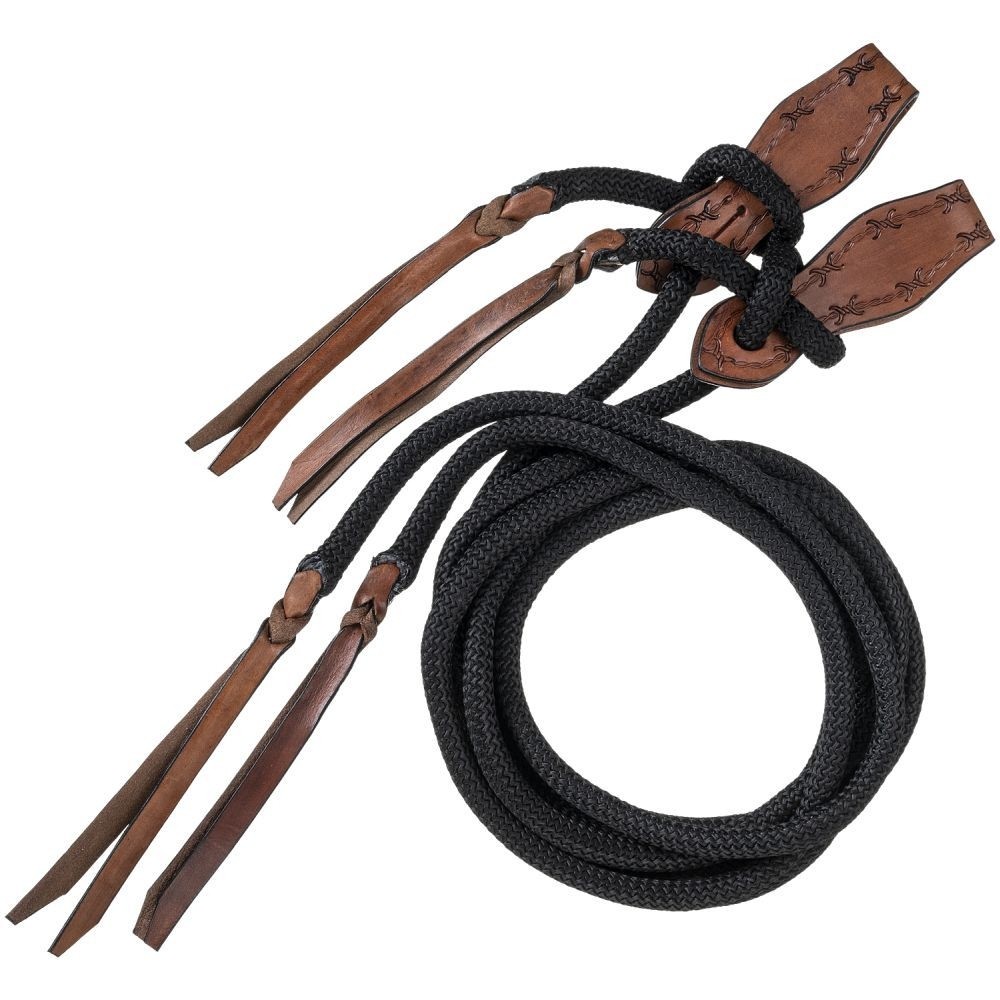 Poly Cord Split Reins - Leather Slobber Straps - Black or Brown - 5/8" x 8ft