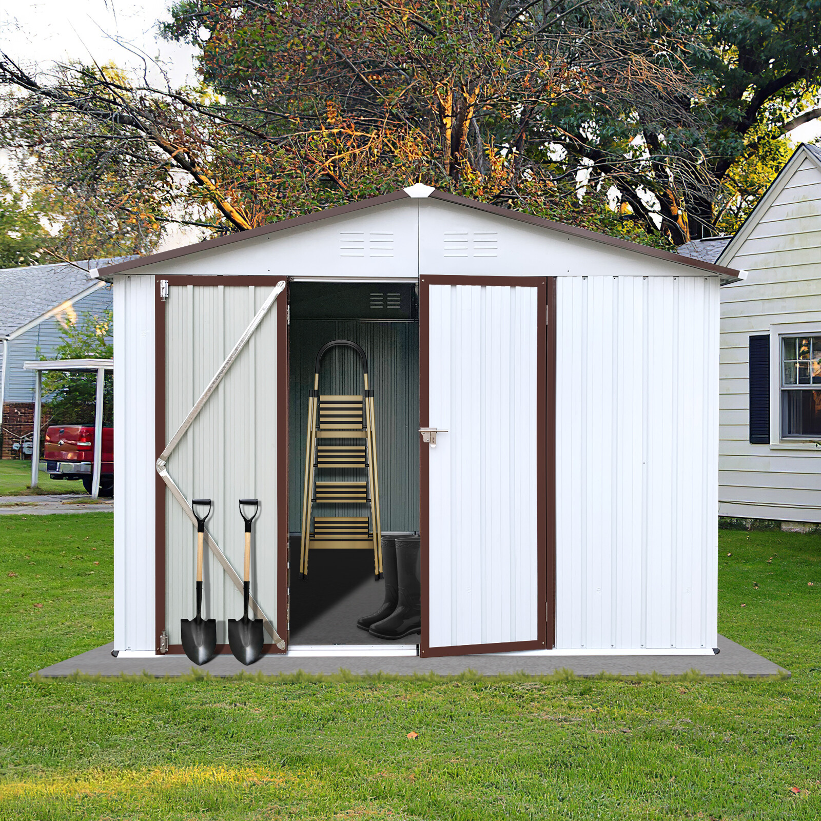 Metal garden shed 10ftx8ft outdoor storage tool house white+coffee