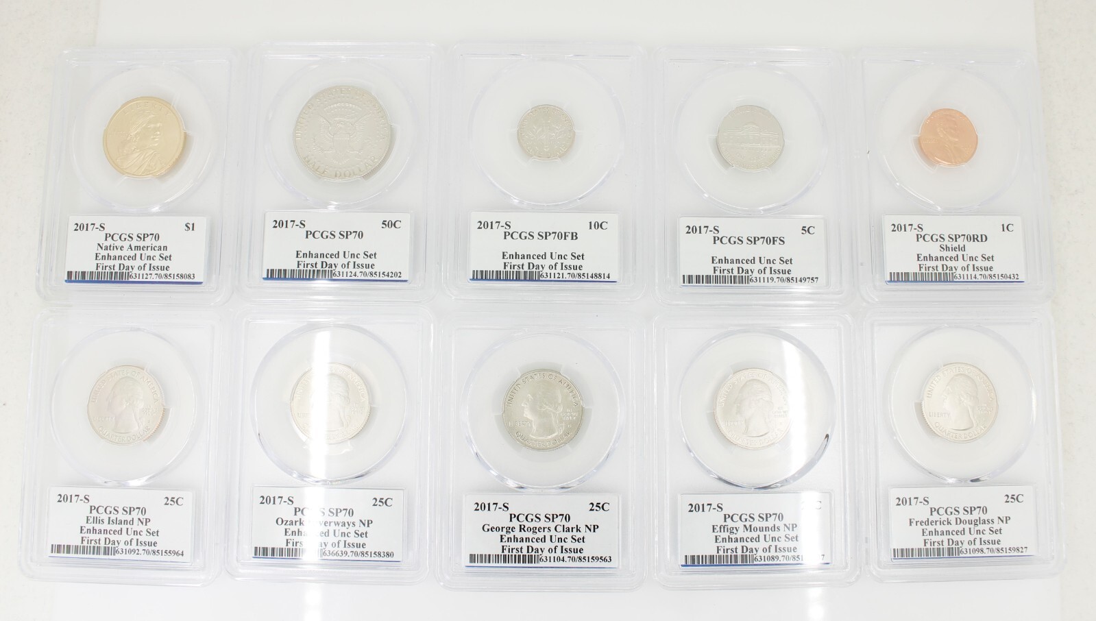 2017 S 225TH ANNIVERSARY ENHANCED PCGS SP70 FIRST DAY ANA RELEASE 10 COIN SET