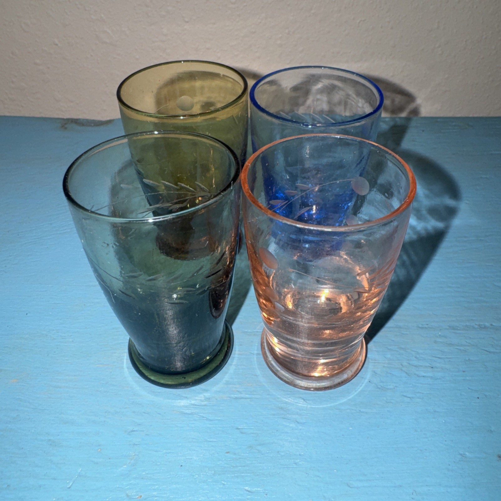 Vintage Multicolor Set of 4 Shot Glasses Hand Sketched