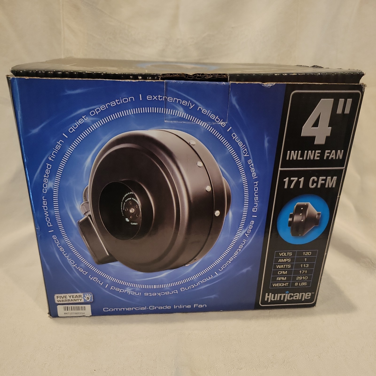 Hurricane Inline Fan 4" - 171 CFM Duct Blower Or Grow Light Cooling Fan OPEN BOX