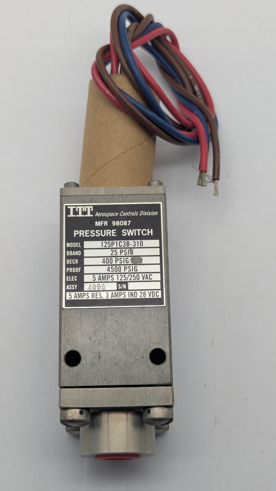 ITT PRESSURE SWITCH AEROSPACE 125P1C3B-310, 25 PSI, 5 AMPS 125/250 VAC