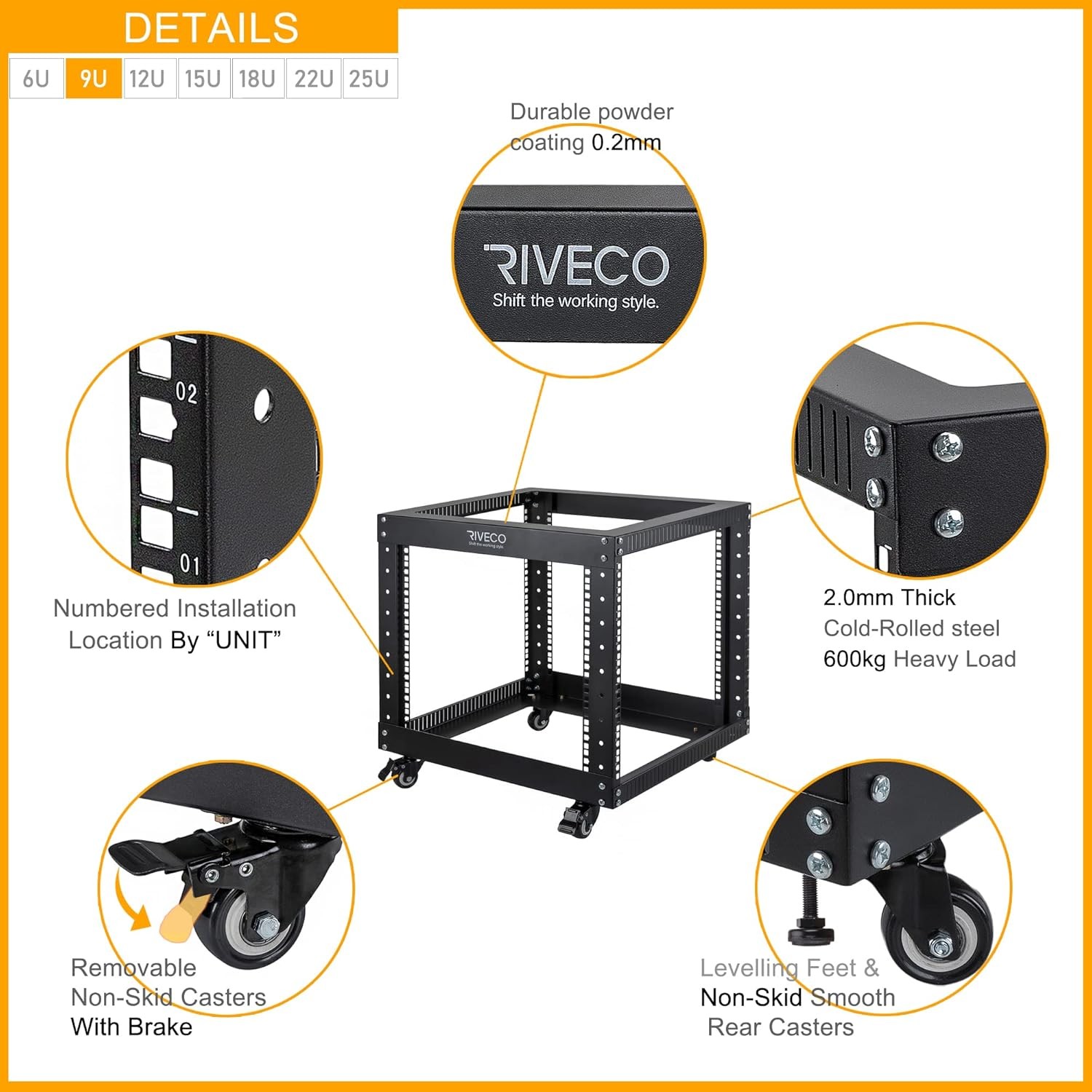 9U 19 Inch Server Rack Open Frame with Casters