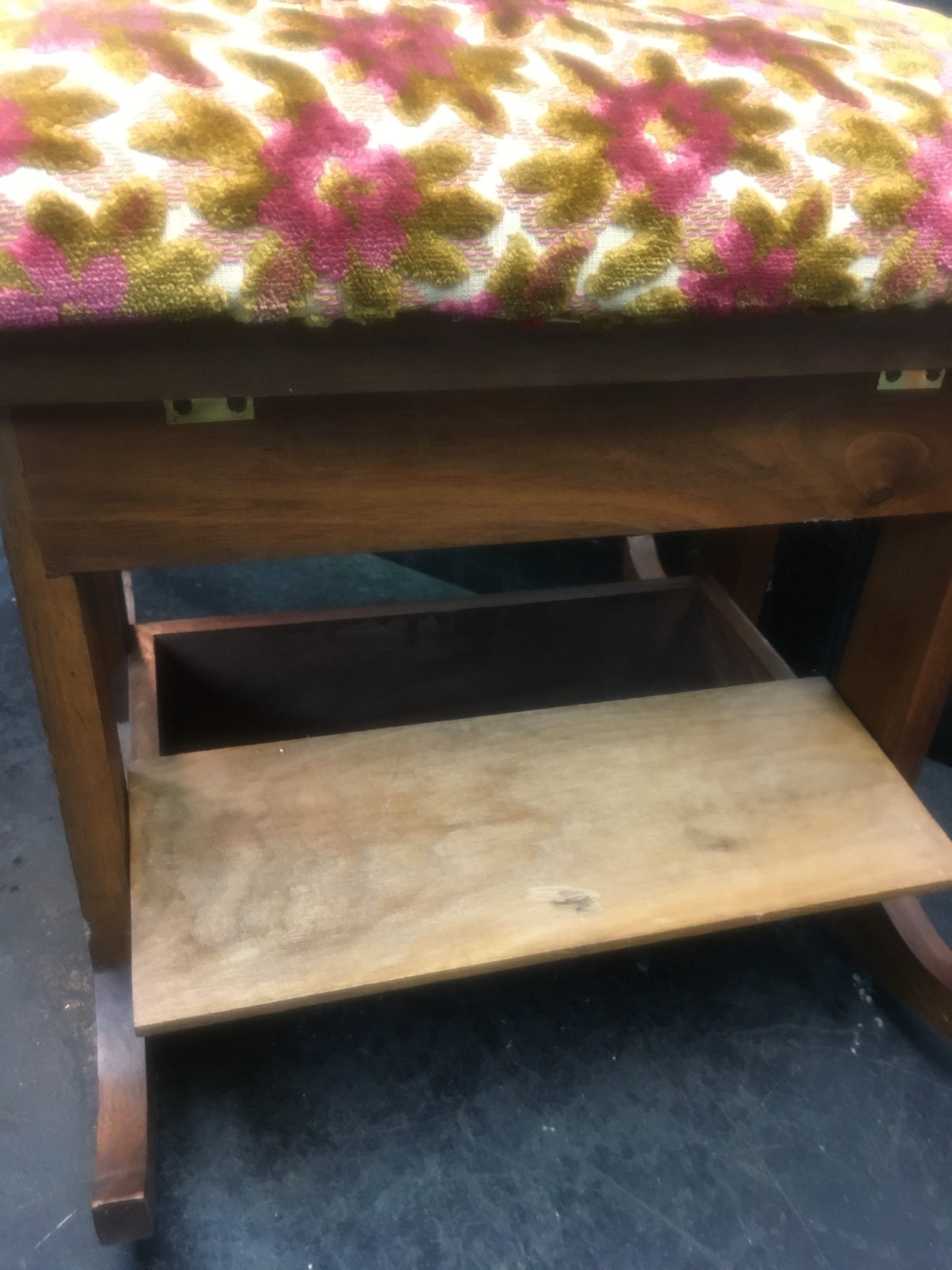 Wood Footstool- Vtg Rocking Floral Tapestry Upholstered Padded Wooden Stool