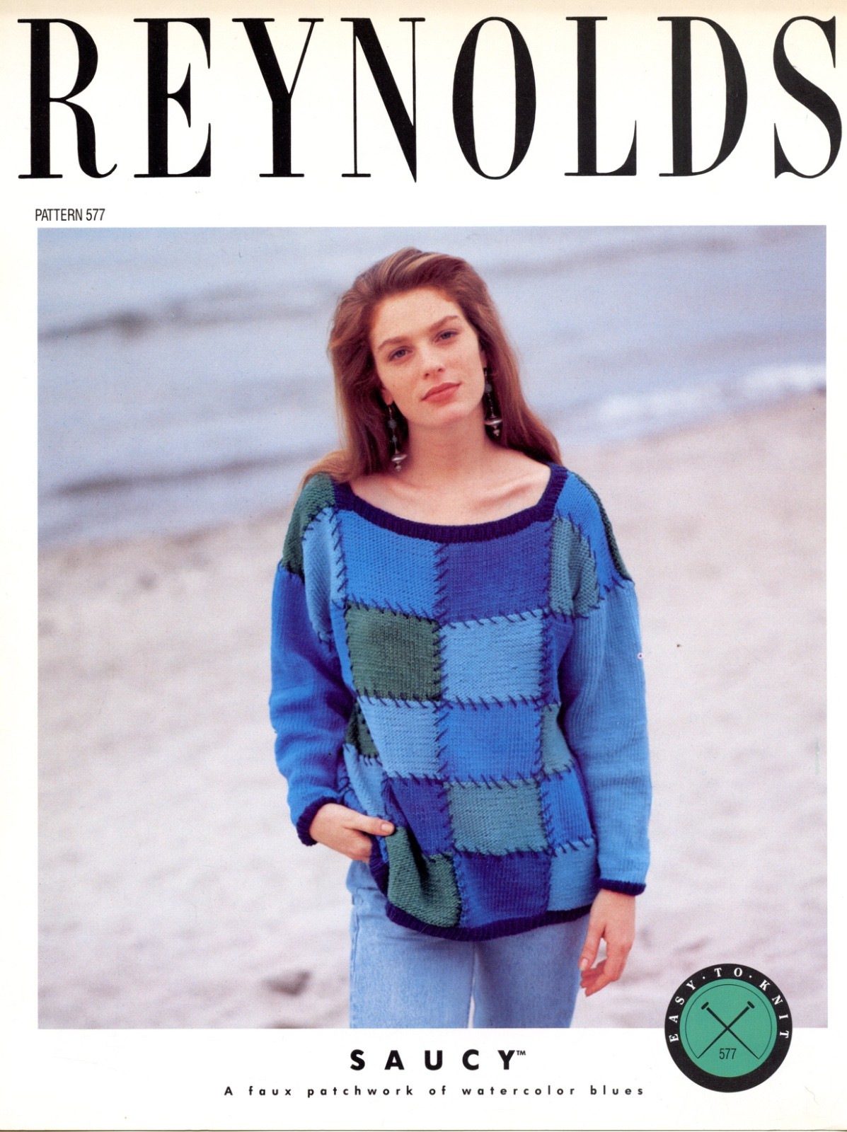 Reynolds Saucy Knitting Pattern 577 Patchwork Blues Pullover - Easy Knit