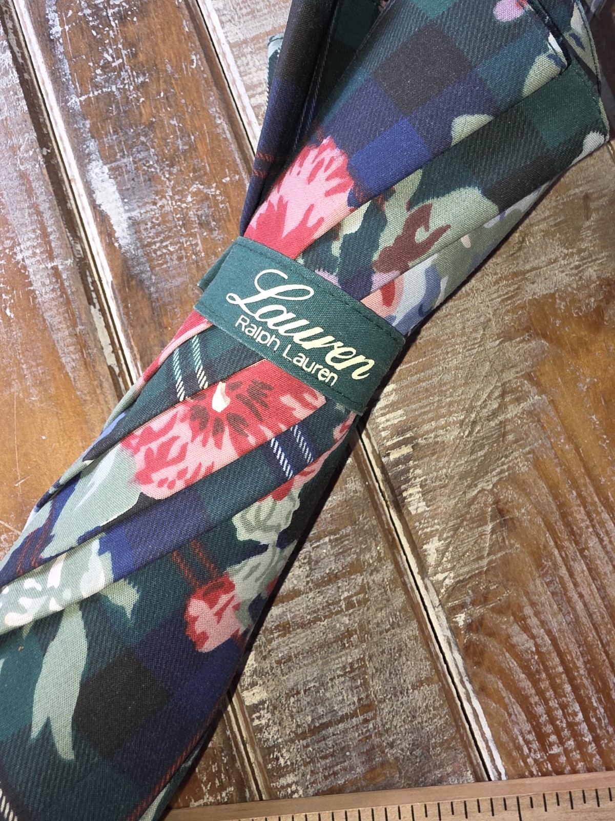 VTG Ralph Lauren Umbrella Floral Plaid Green Navy Blue Parasol Wood Cane Handle