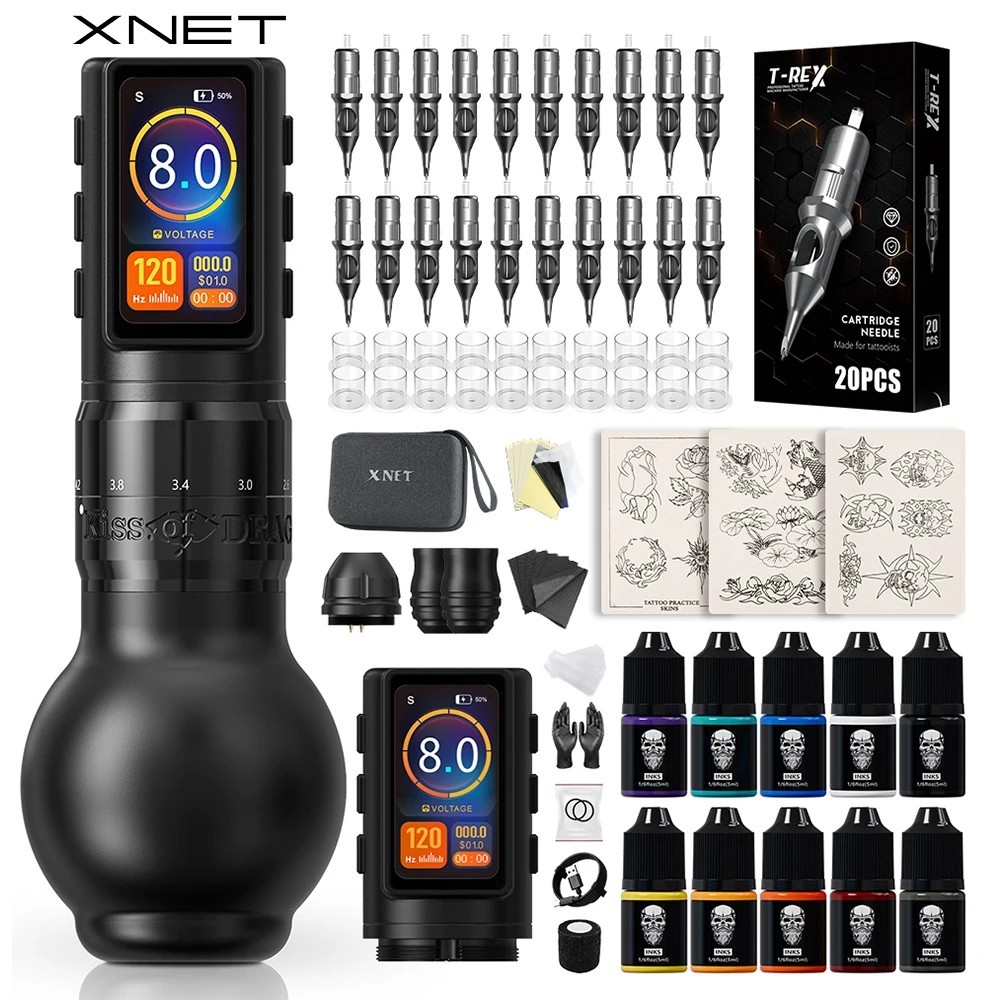 XNET Traveler-T2 Wireless Tattoo Machine Full Kit 6 Strokes Brushless Tattoo Art