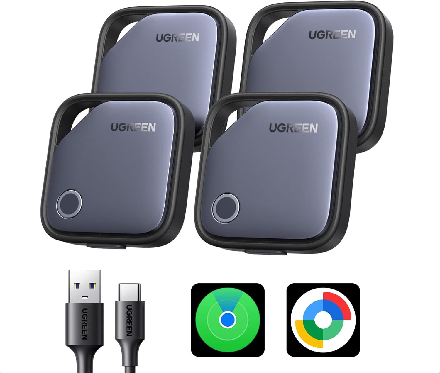 UGREEN Finder Duo (Ios and Android) Air Tracker Tags 4 Pack, Rechargeable Androi