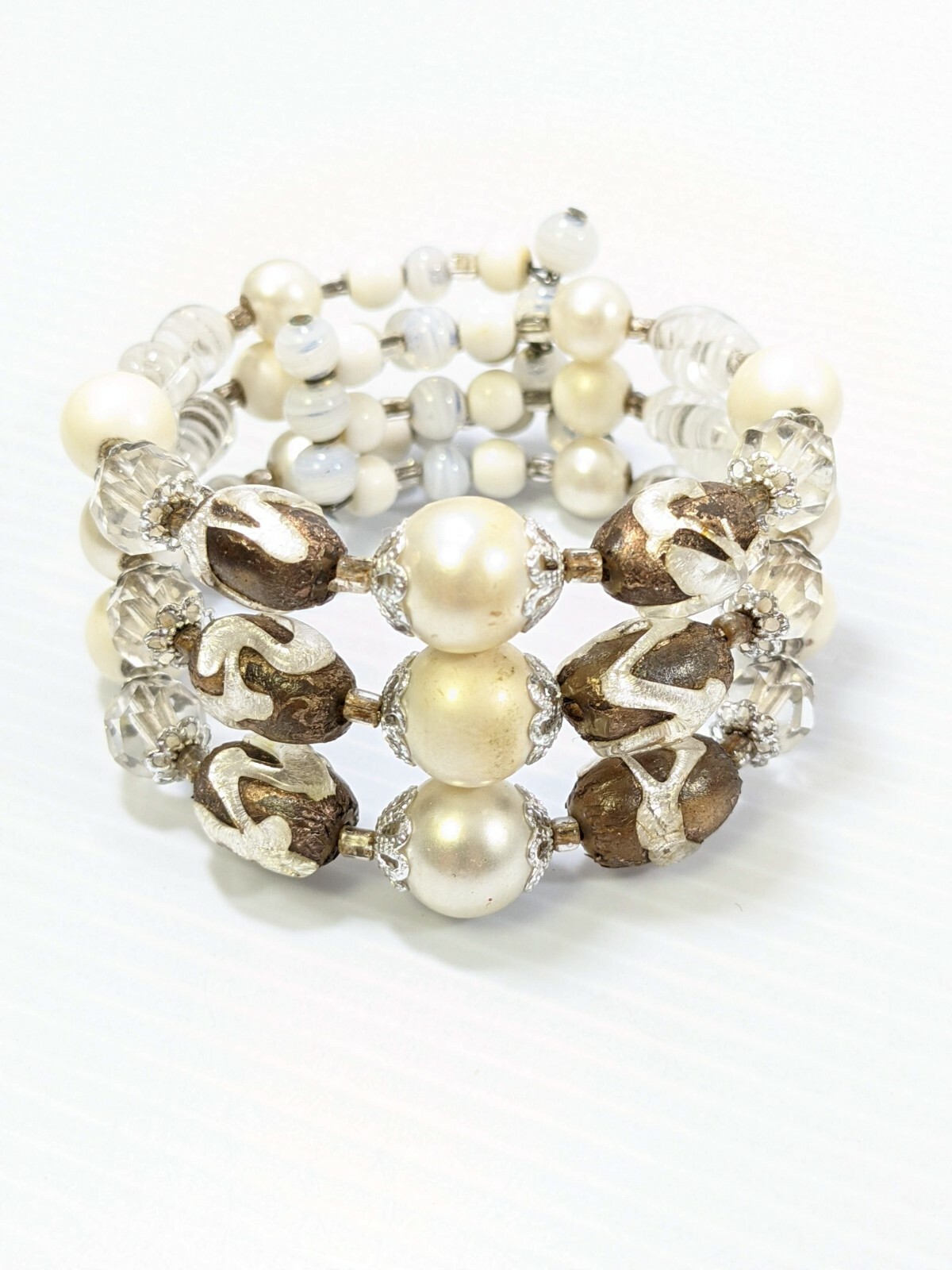Artisan Silver Tone Faux Pearl Glass Three Row Wrap Bracelet Memory Wire