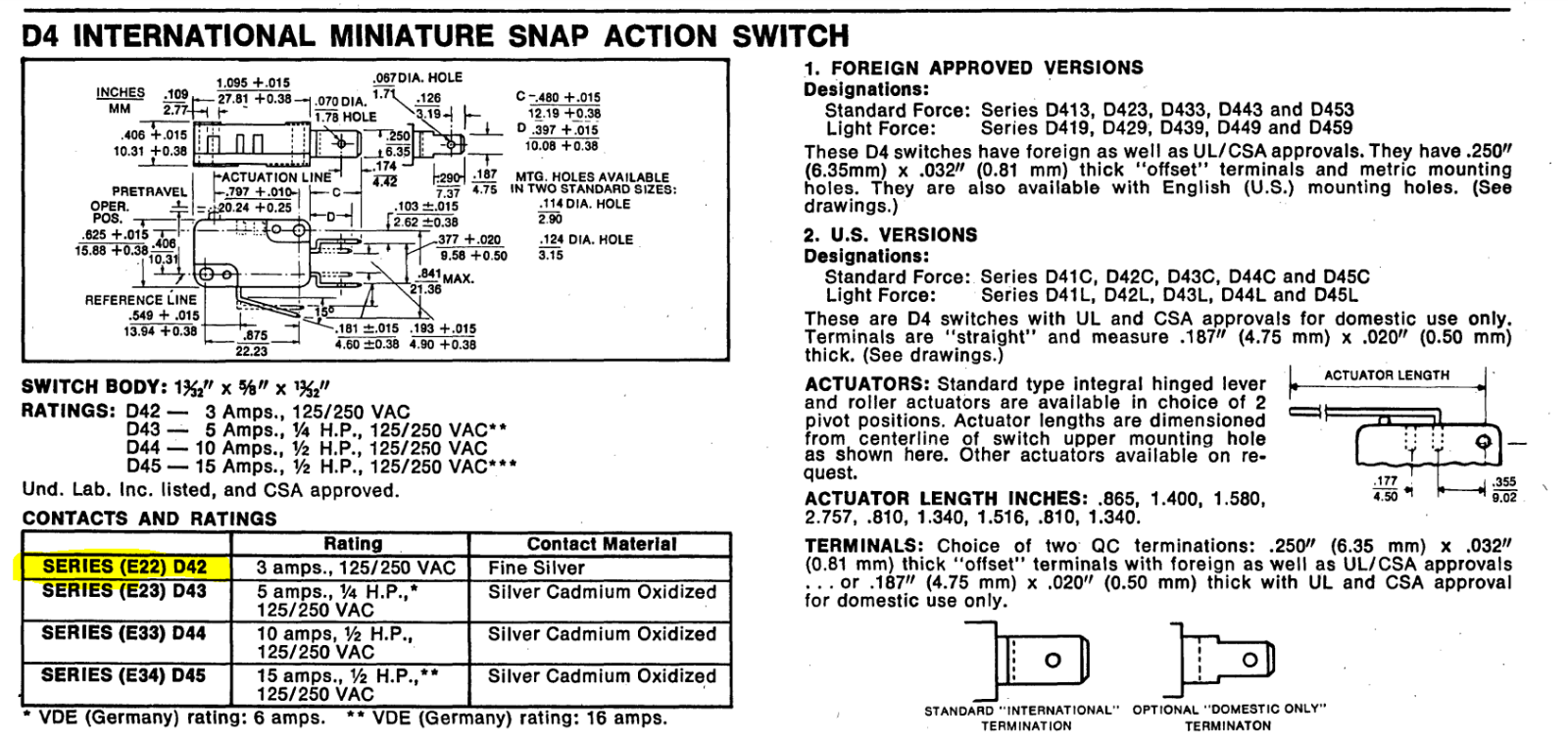 CHERRY ELECTRICAL PRODUCTS - D42LR1XD - Switch, Micro. SPDT 3A 125V. New