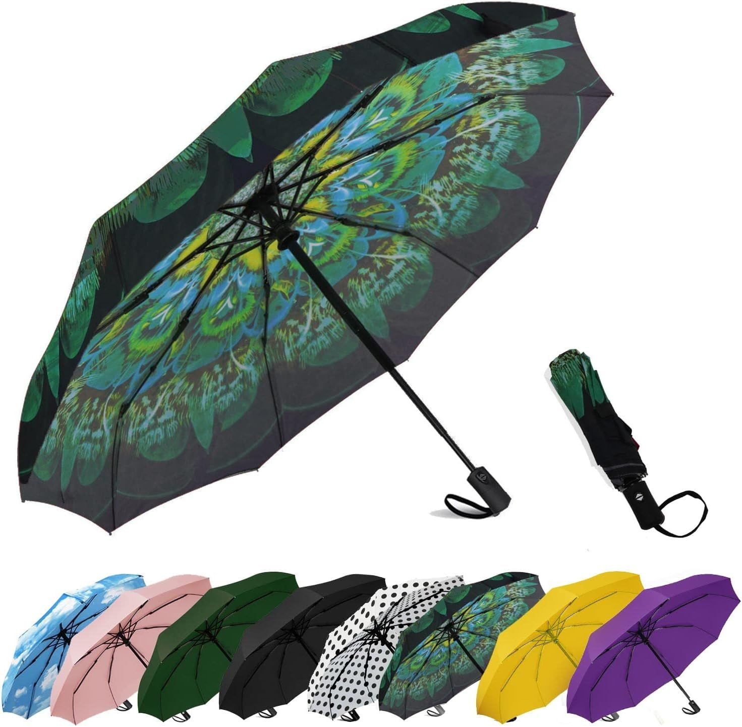 SIEPASA Windproof Travel Compact Umbrella-Automatic Small Size, Green peacock