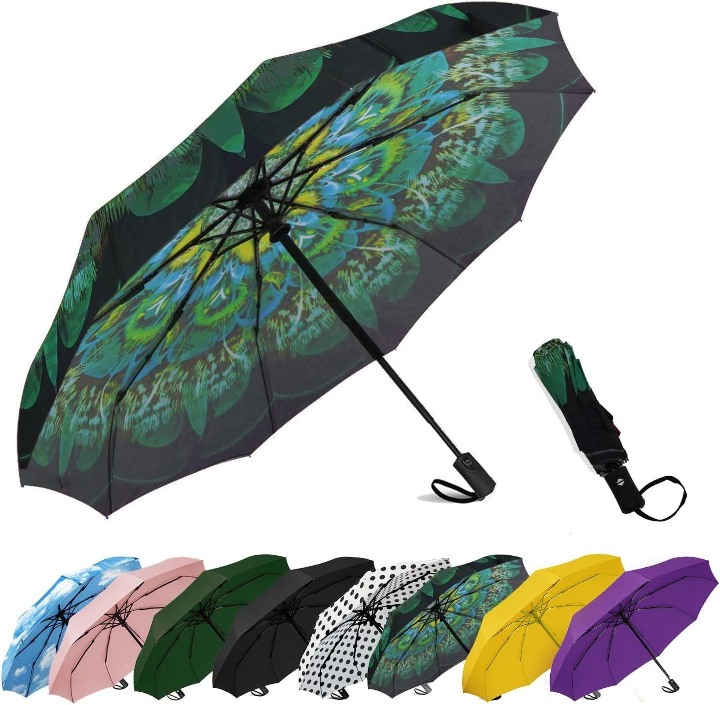 SIEPASA Windproof Travel Compact Umbrella-Automatic Small Size, Green peacock