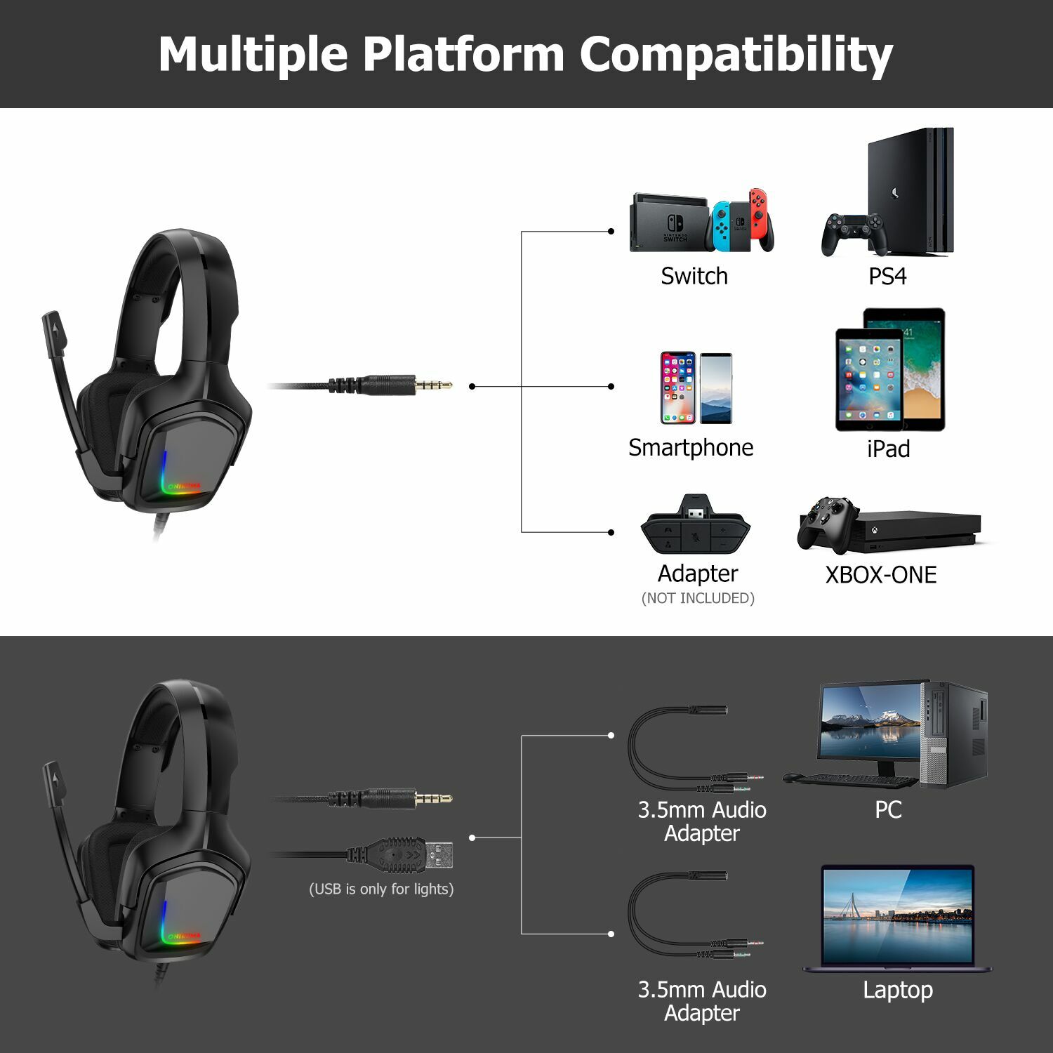 Gaming Headset Headphones with Noise Cancelling Mic Surround Sound Over-Ear RGB