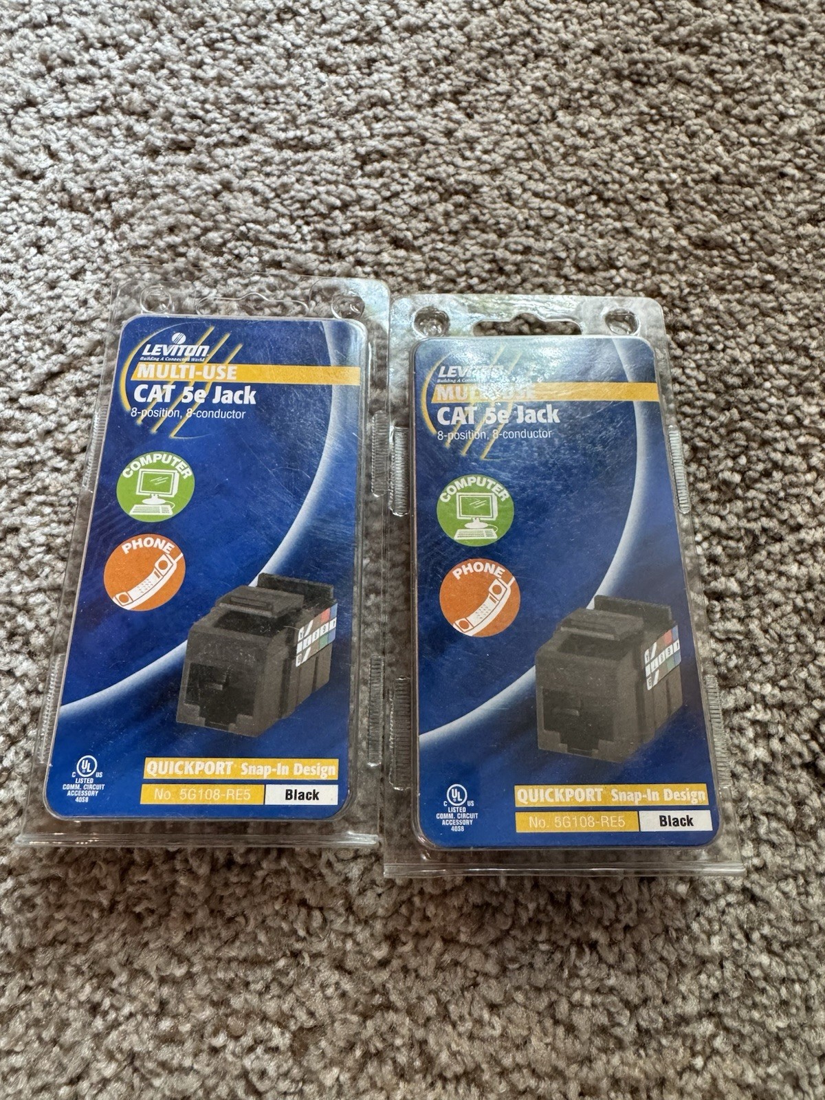 2-Leviton Black Quickport Multi-Use CAT 5e Jack With Plate
