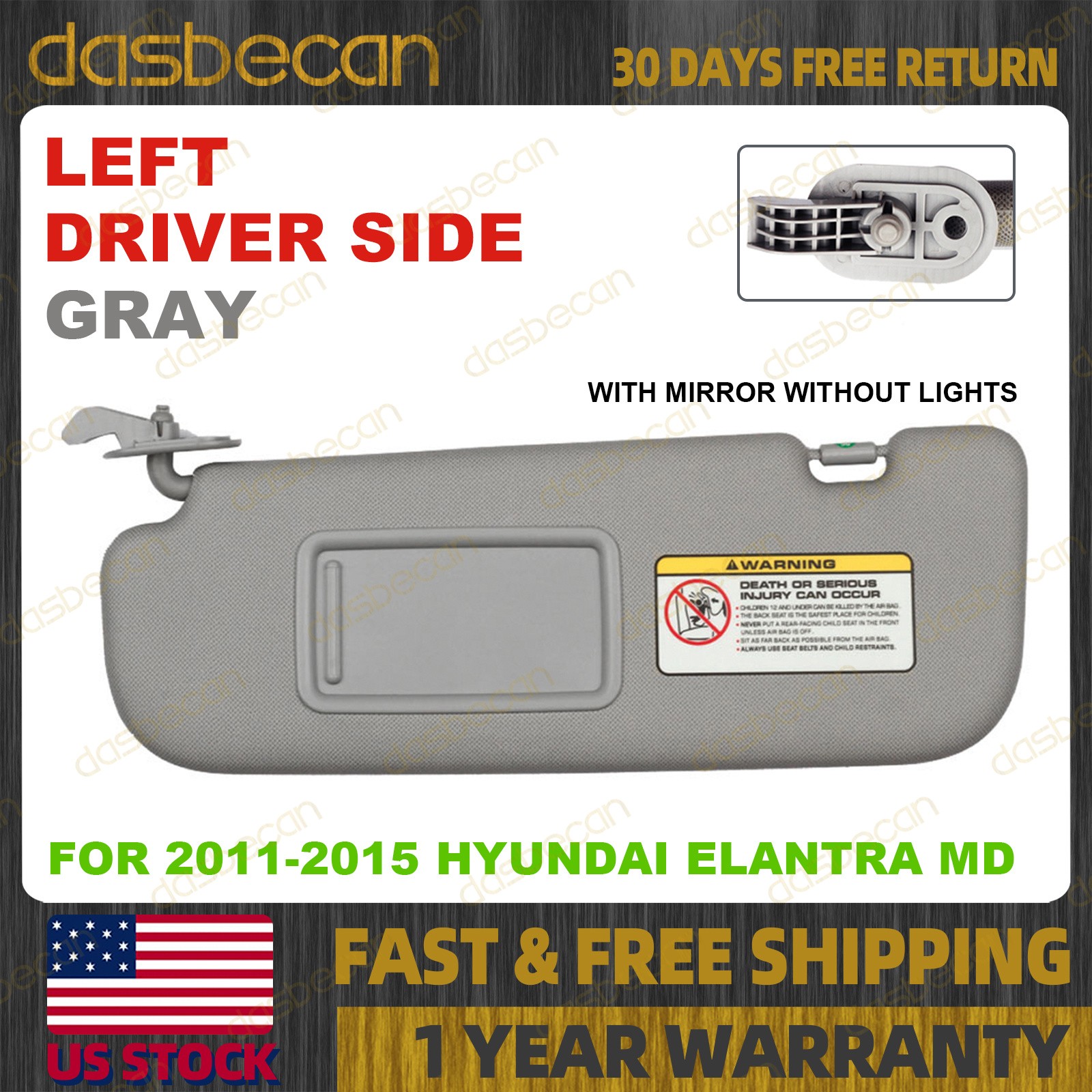 Gray Left Driver Side Sun Visor For Hyundai Elantra 2011-2015 852103X000TX