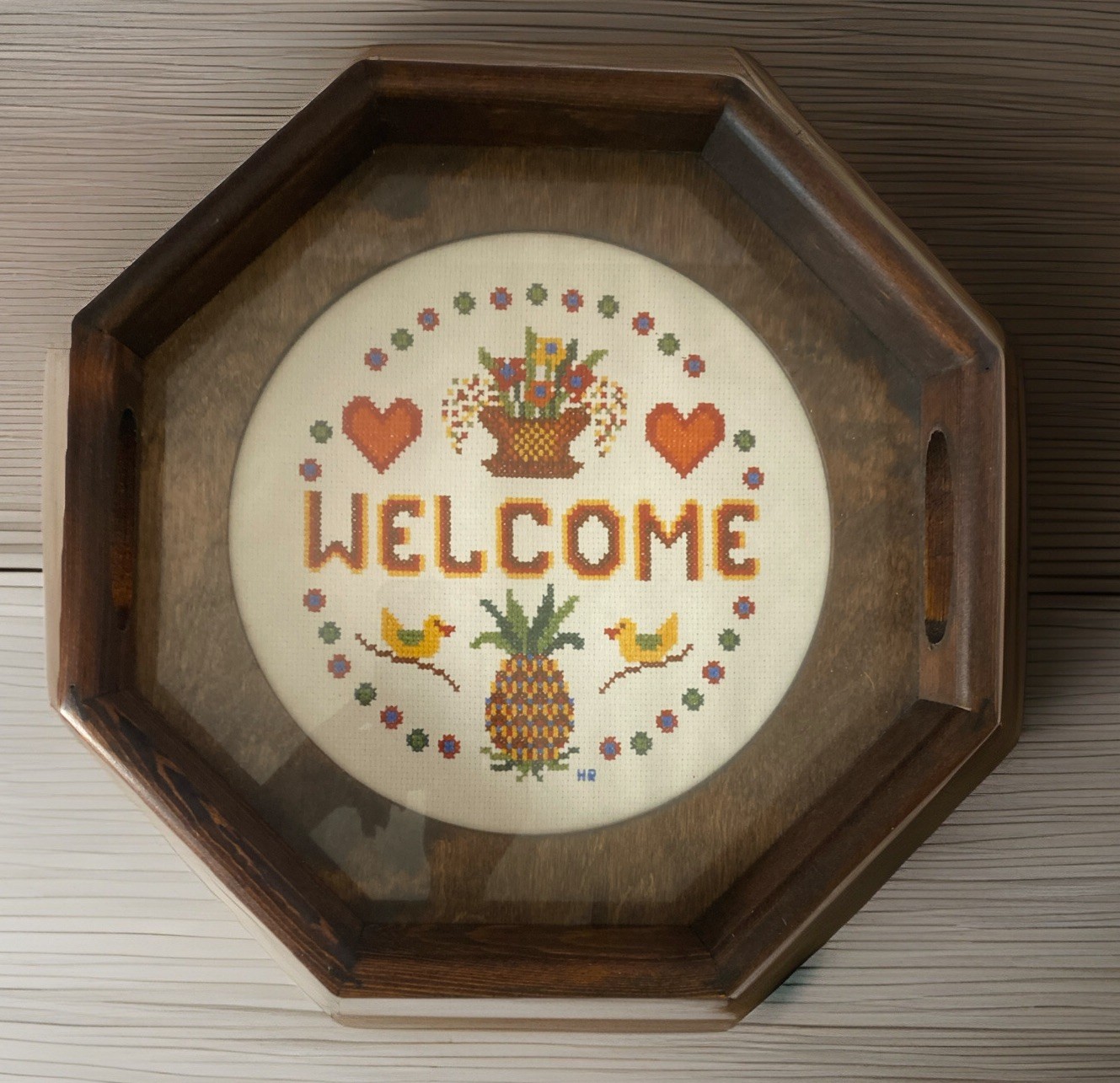 Three Mountains,  Asheville NC Needlepoint & Crewel Display Tray Wood & Glass