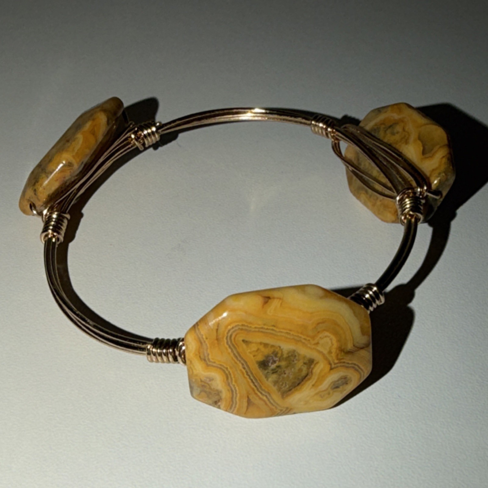 2 Handcrafted Wire Wrapped Agate Bangle Bracelet Yellow Brown Stone